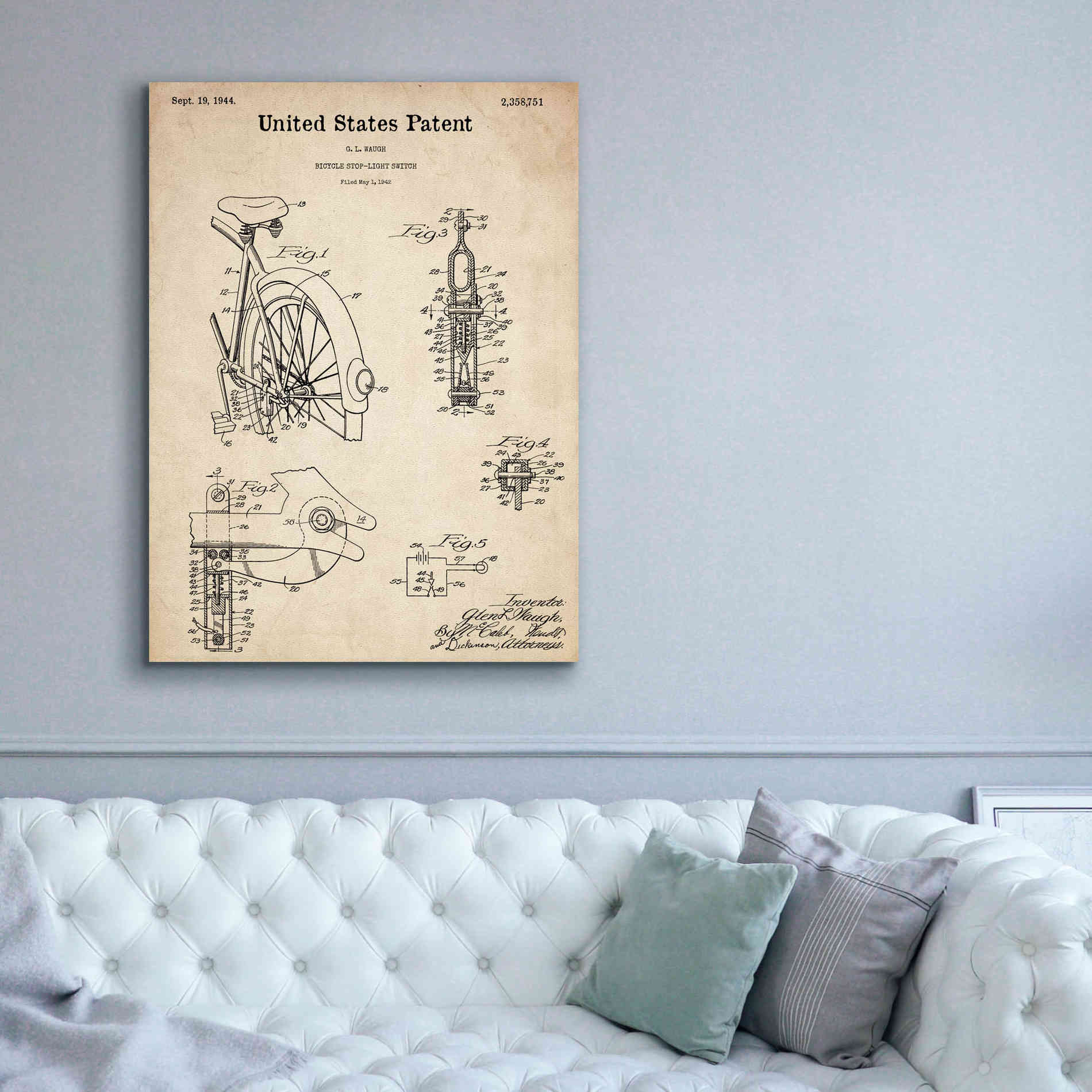 'Bicycle Stop-light Switch Blueprint Patent Parchment,' Canvas Wall Art,40 x 54