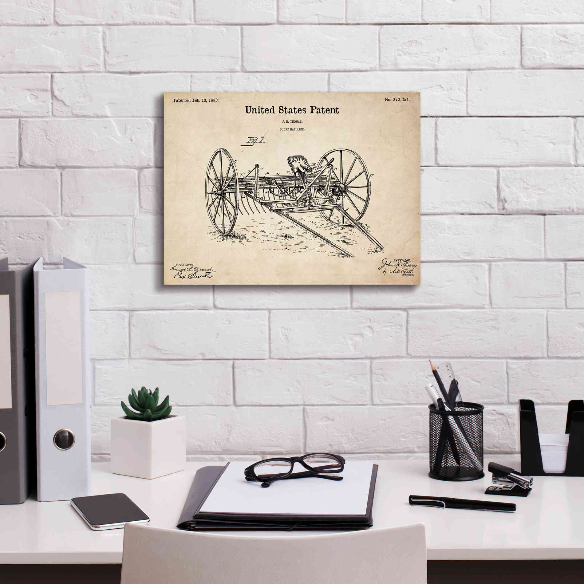 'Horse Drawn Hay Rake Blueprint Patent Parchment,' Canvas Wall Art,16 x 12