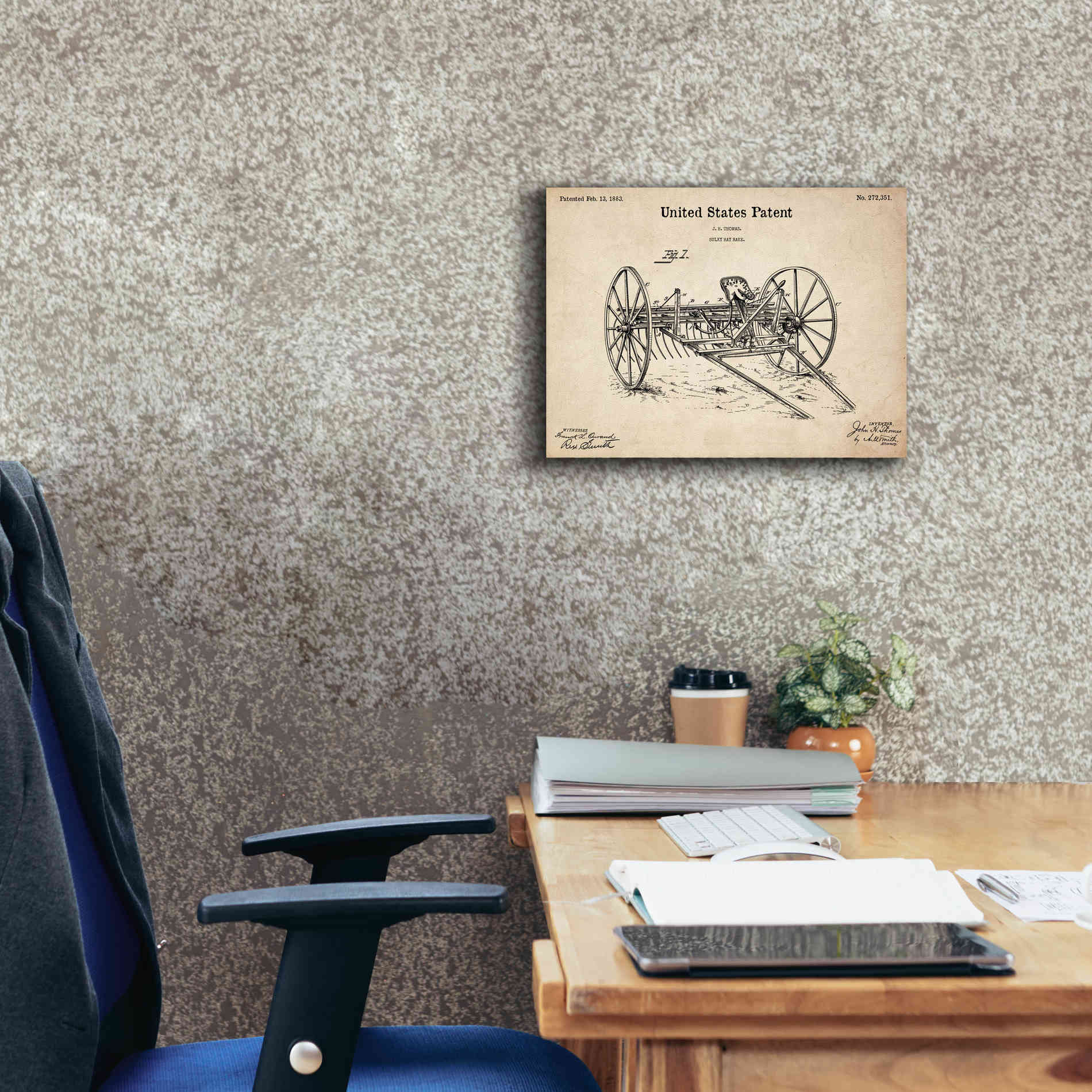 'Horse Drawn Hay Rake Blueprint Patent Parchment,' Canvas Wall Art,16 x 12