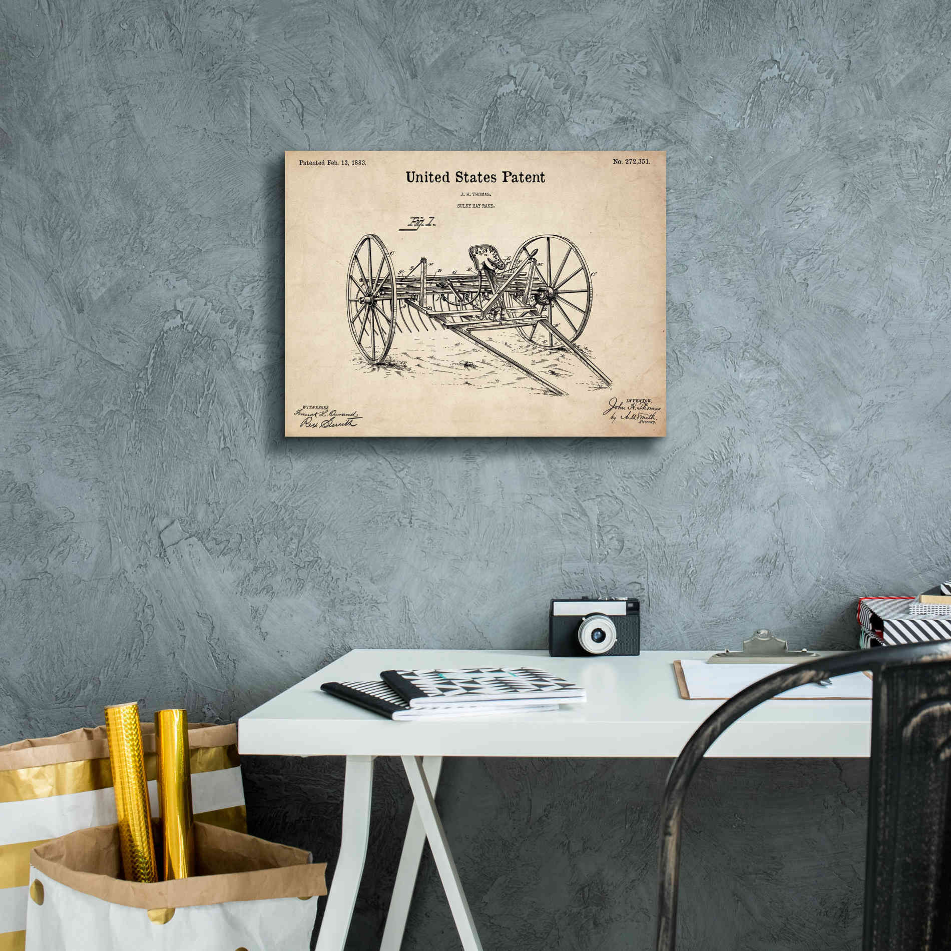 'Horse Drawn Hay Rake Blueprint Patent Parchment,' Canvas Wall Art,16 x 12