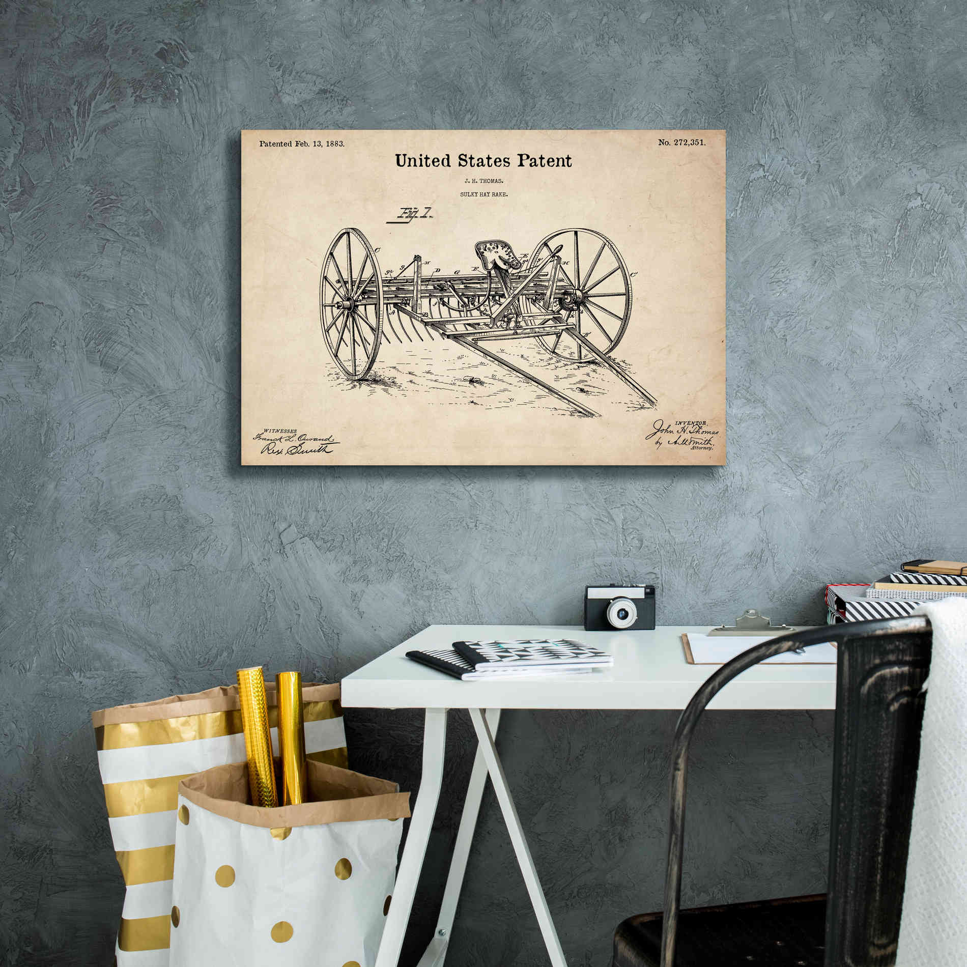 'Horse Drawn Hay Rake Blueprint Patent Parchment,' Canvas Wall Art,26 x 18