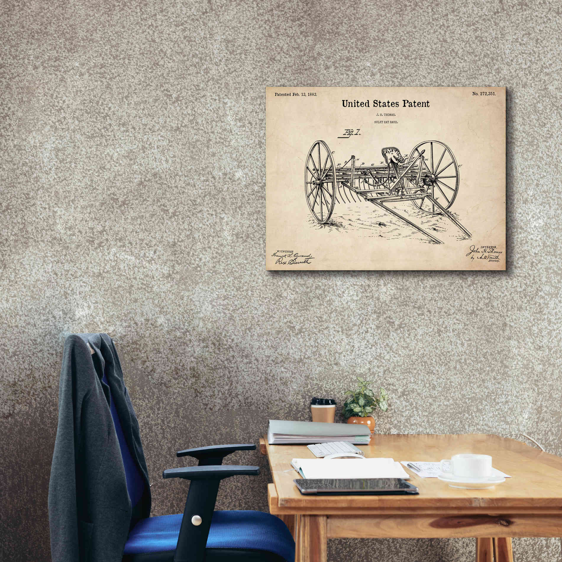 'Horse Drawn Hay Rake Blueprint Patent Parchment,' Canvas Wall Art,34 x 26