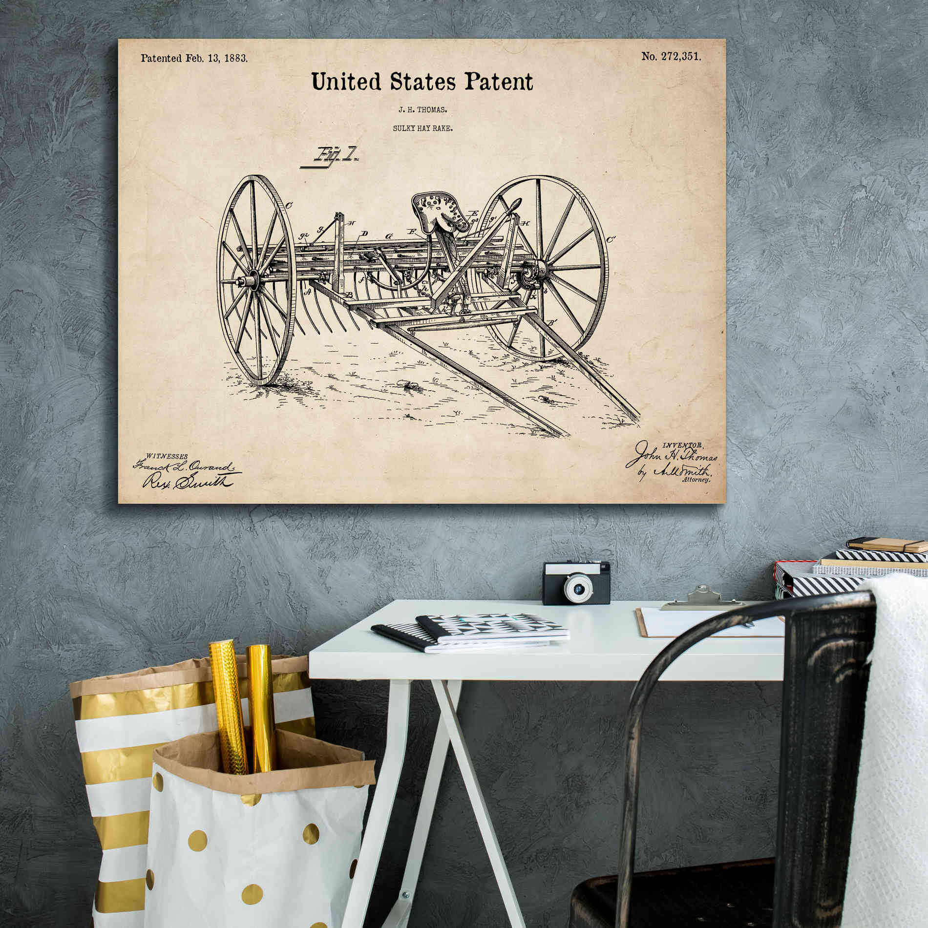 'Horse Drawn Hay Rake Blueprint Patent Parchment,' Canvas Wall Art,34 x 26
