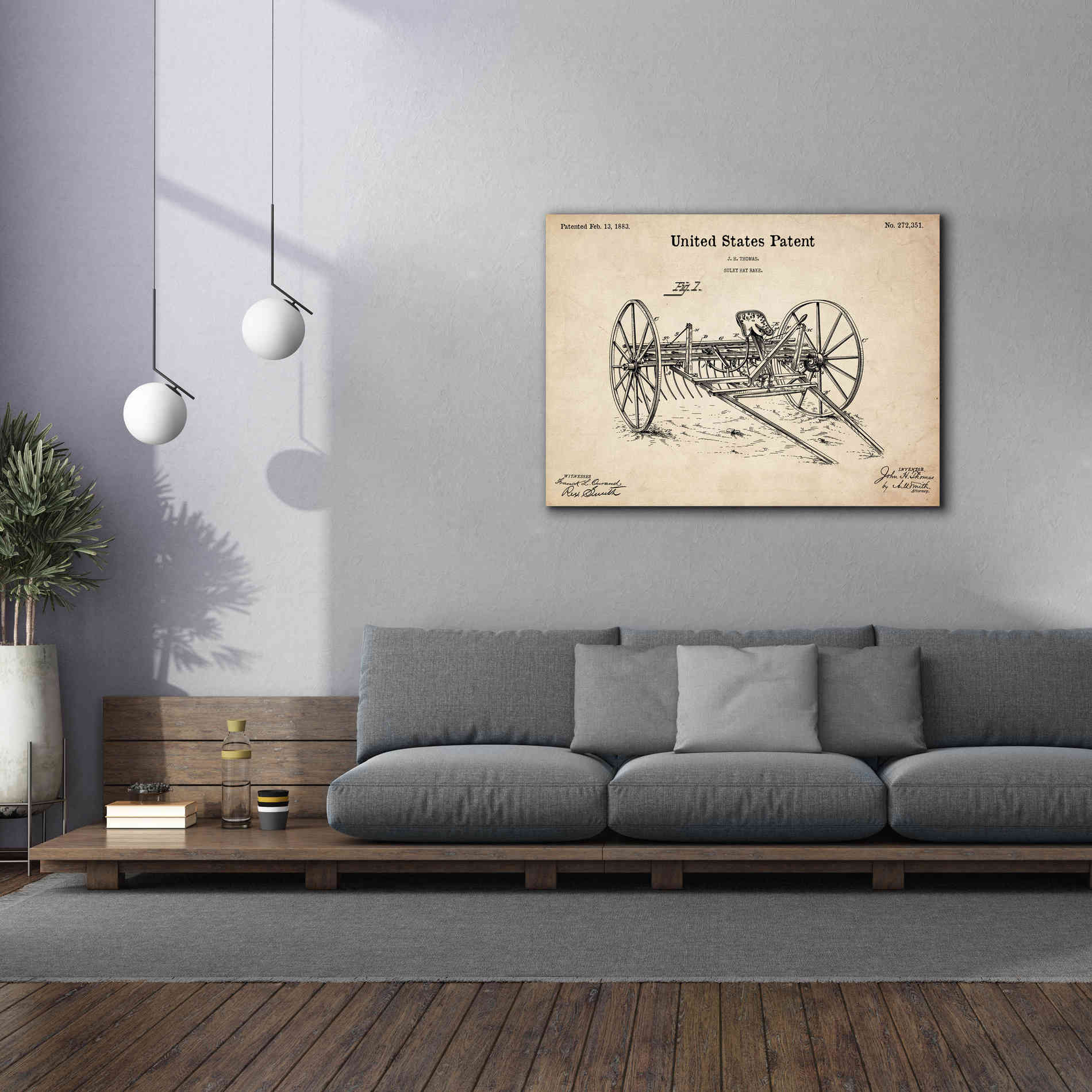 'Horse Drawn Hay Rake Blueprint Patent Parchment,' Canvas Wall Art,54 x 40