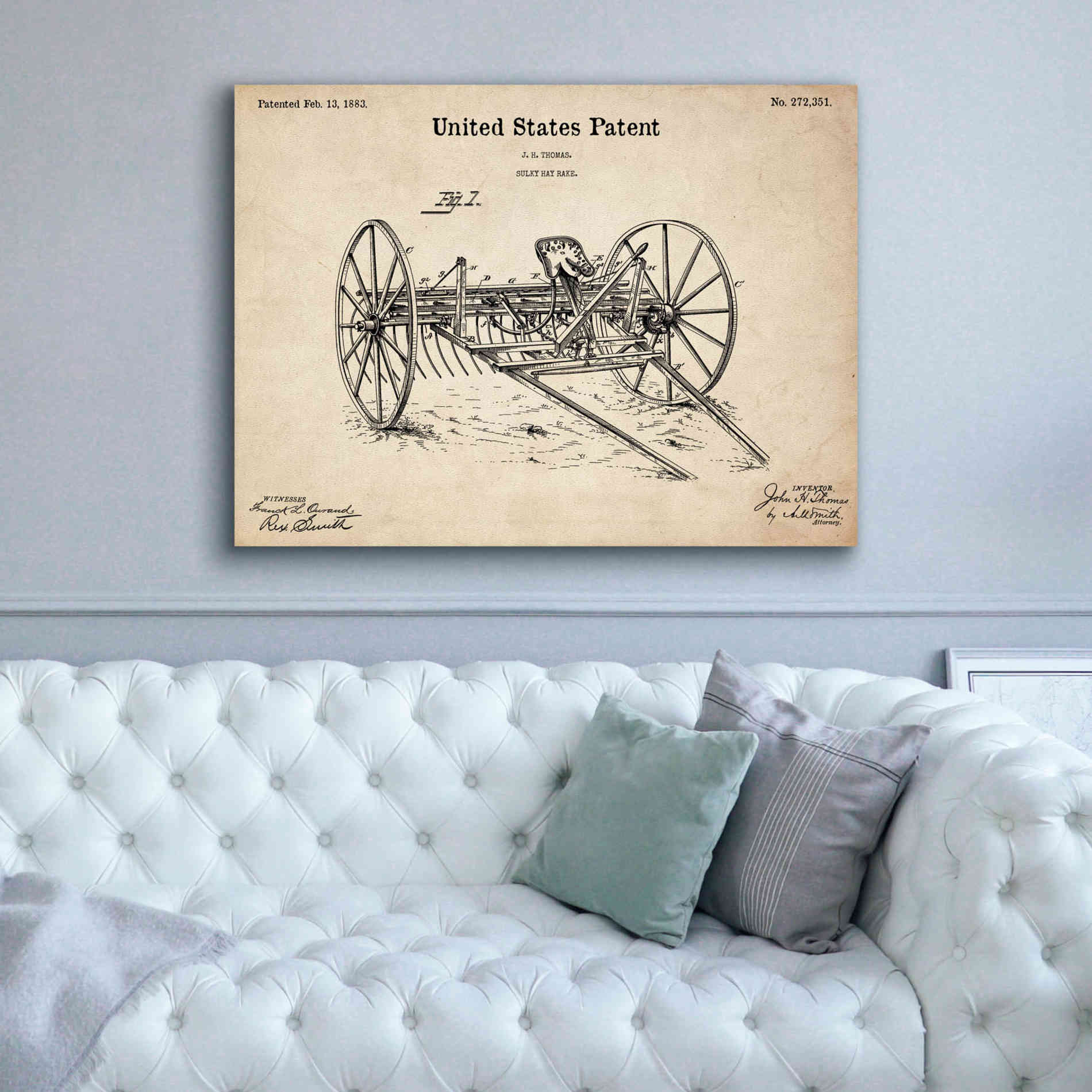 'Horse Drawn Hay Rake Blueprint Patent Parchment,' Canvas Wall Art,54 x 40