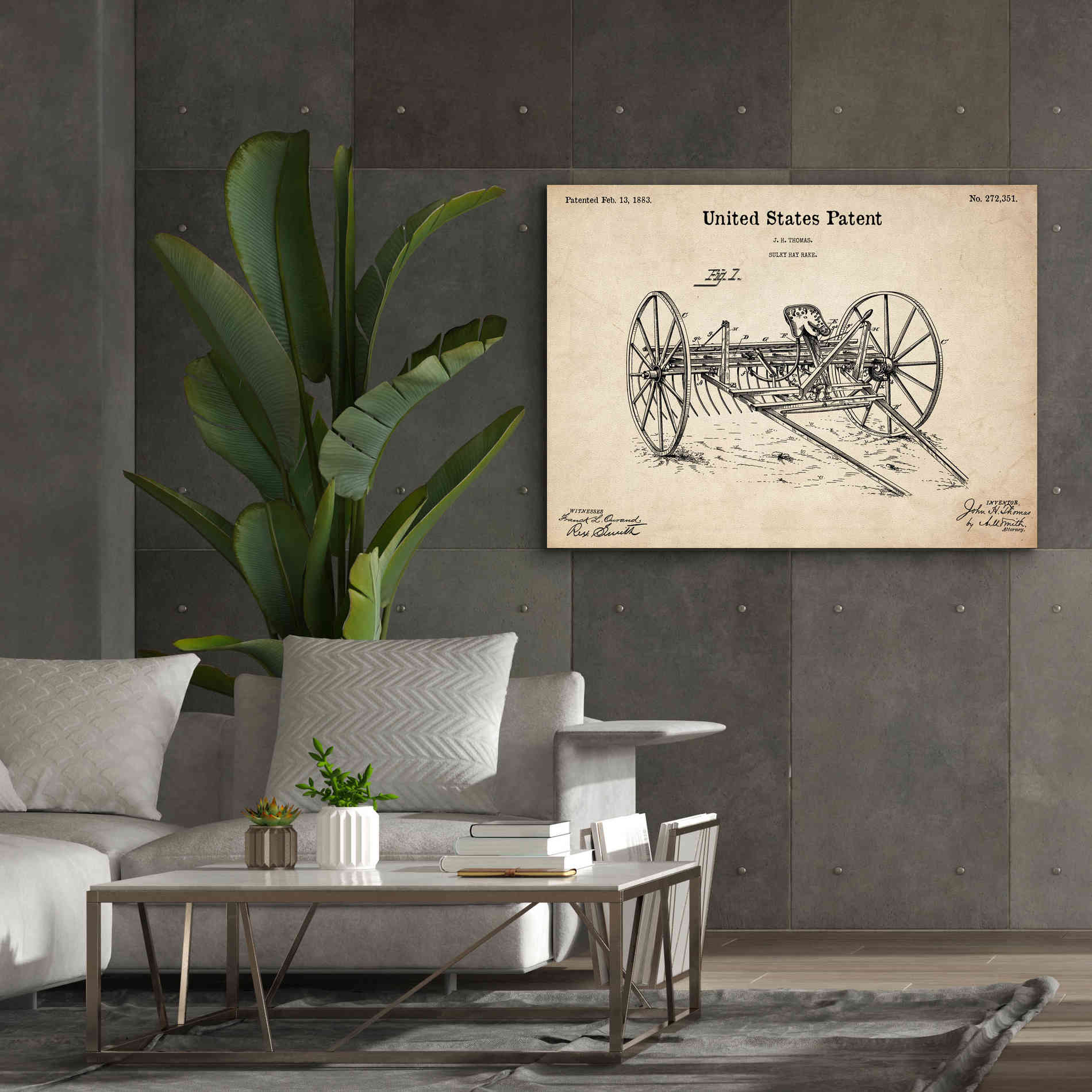 'Horse Drawn Hay Rake Blueprint Patent Parchment,' Canvas Wall Art,54 x 40