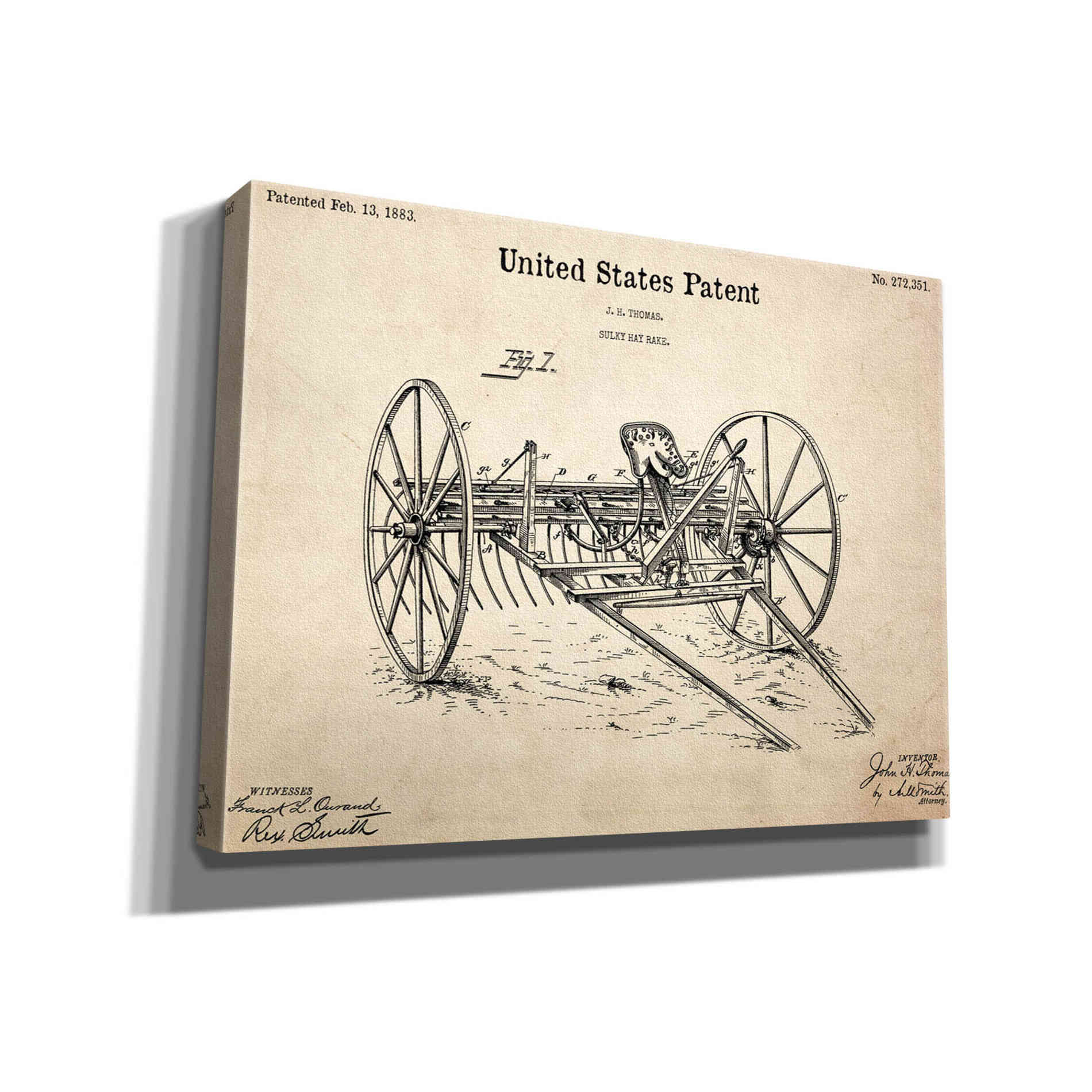 'Horse Drawn Hay Rake Blueprint Patent Parchment,' Canvas Wall Art,16x12x1.1x0,26x18x1.1x0,34x26x1.74x0,54x40x1.74x0