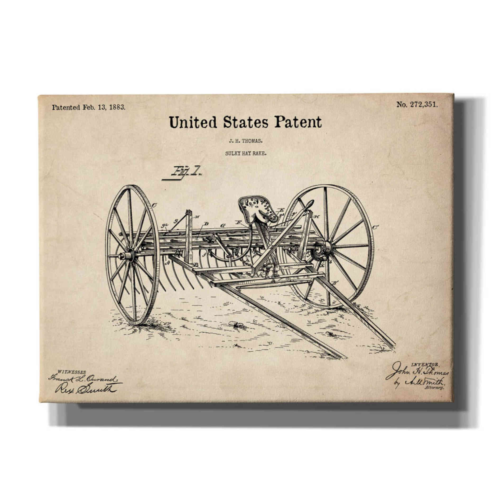 'Horse Drawn Hay Rake Blueprint Patent Parchment,' Canvas Wall Art,16x12x1.1x0,26x18x1.1x0,34x26x1.74x0,54x40x1.74x0