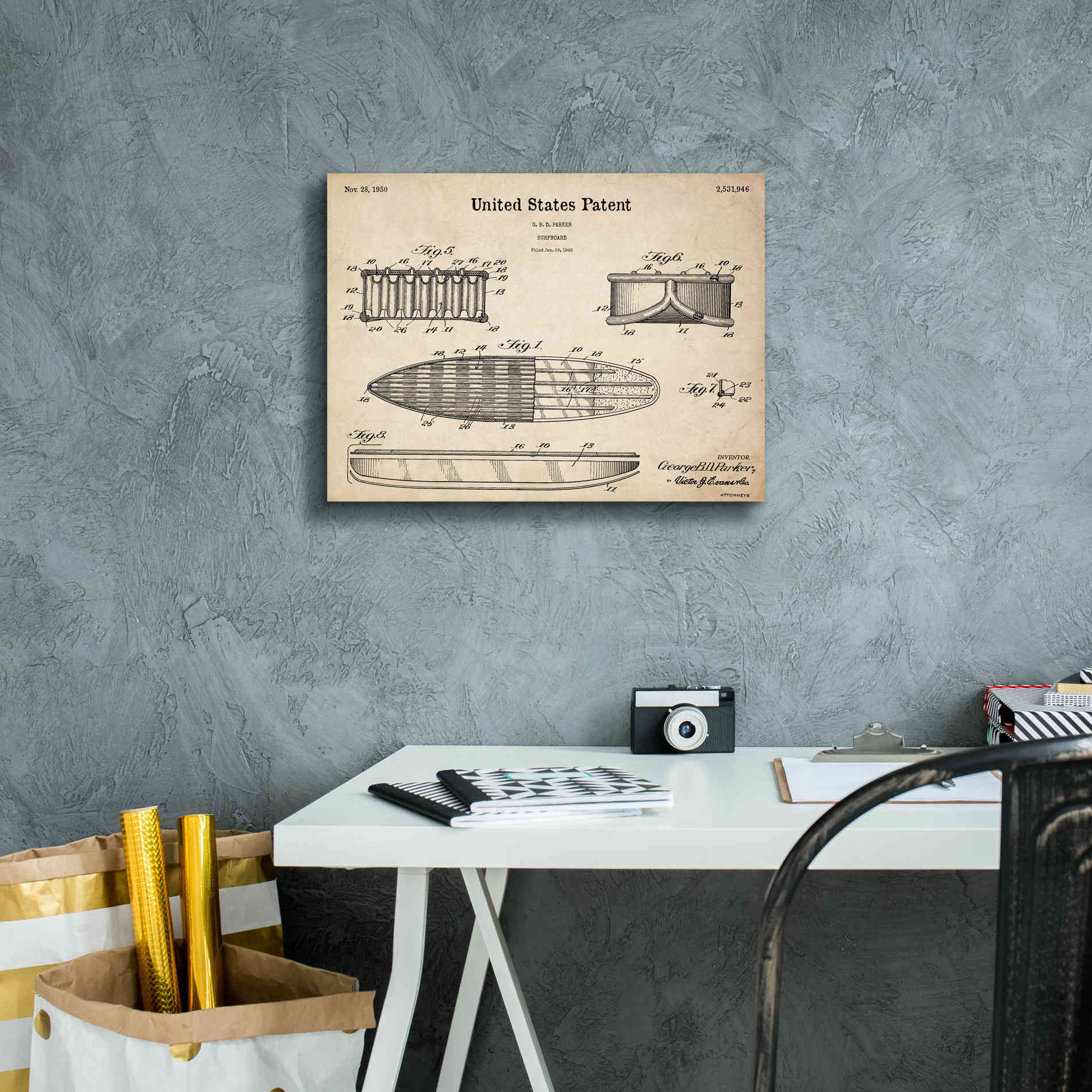 'Surfboard Blueprint Patent Parchment,' Canvas Wall Art,16 x 12