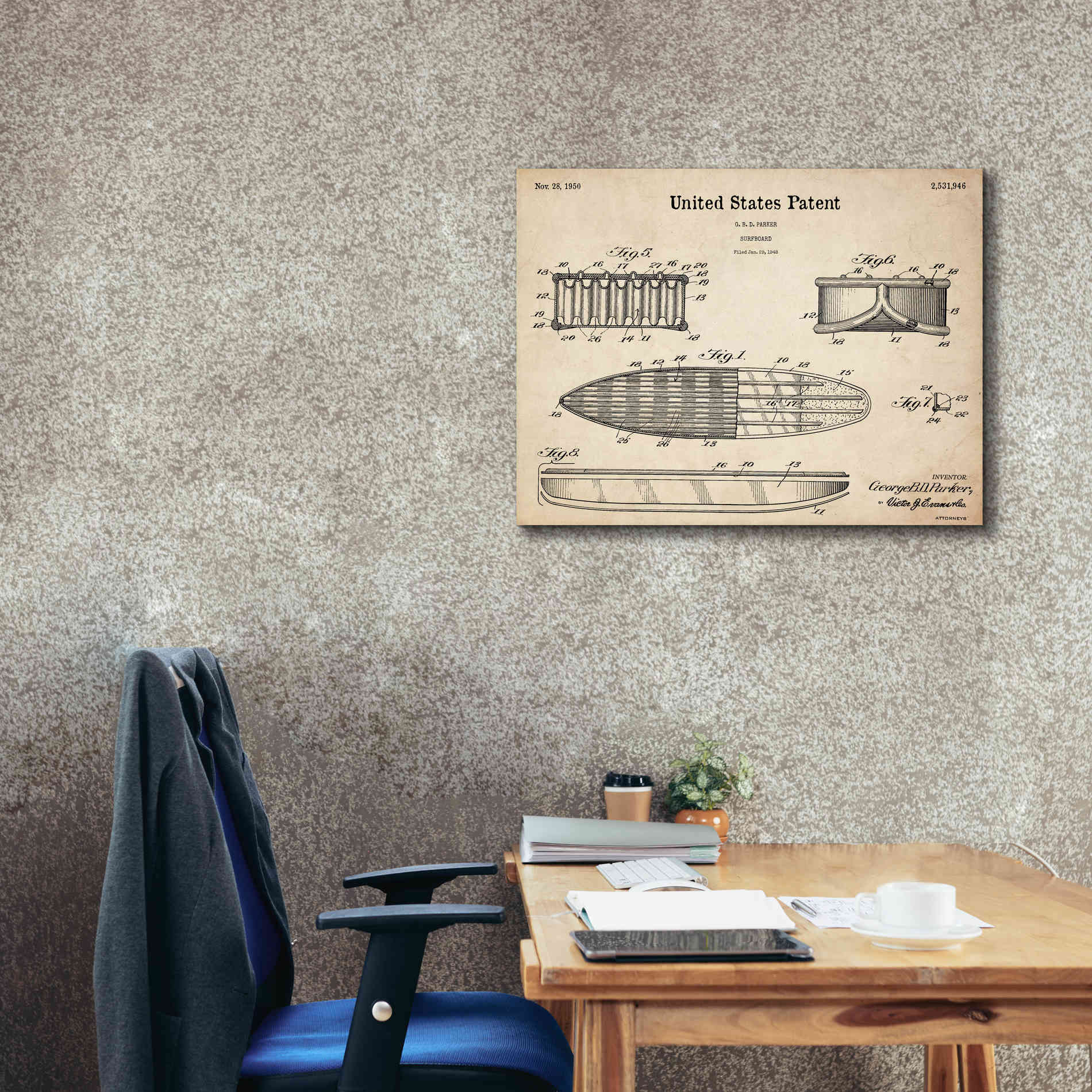 'Surfboard Blueprint Patent Parchment,' Canvas Wall Art,34 x 26