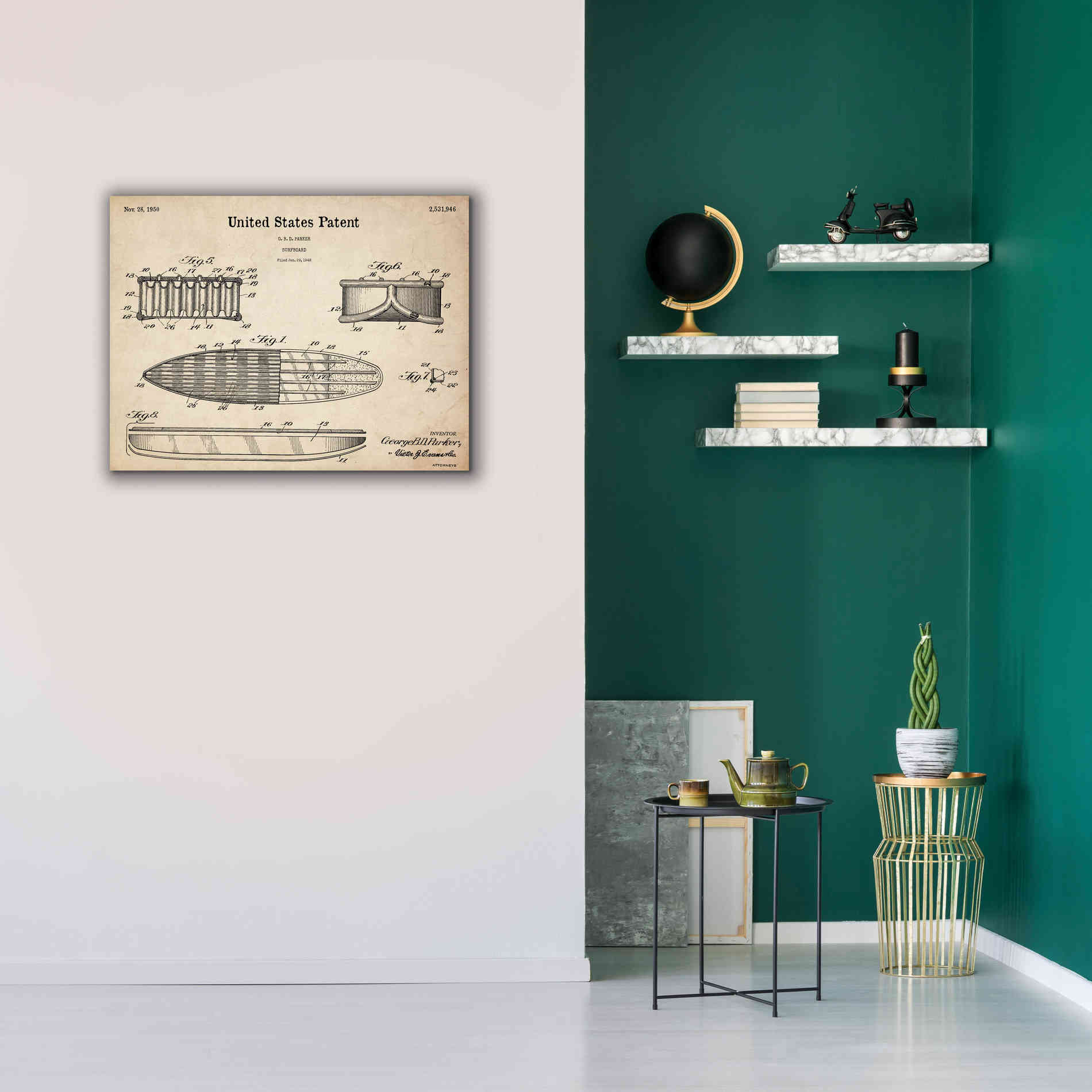 'Surfboard Blueprint Patent Parchment,' Canvas Wall Art,34 x 26