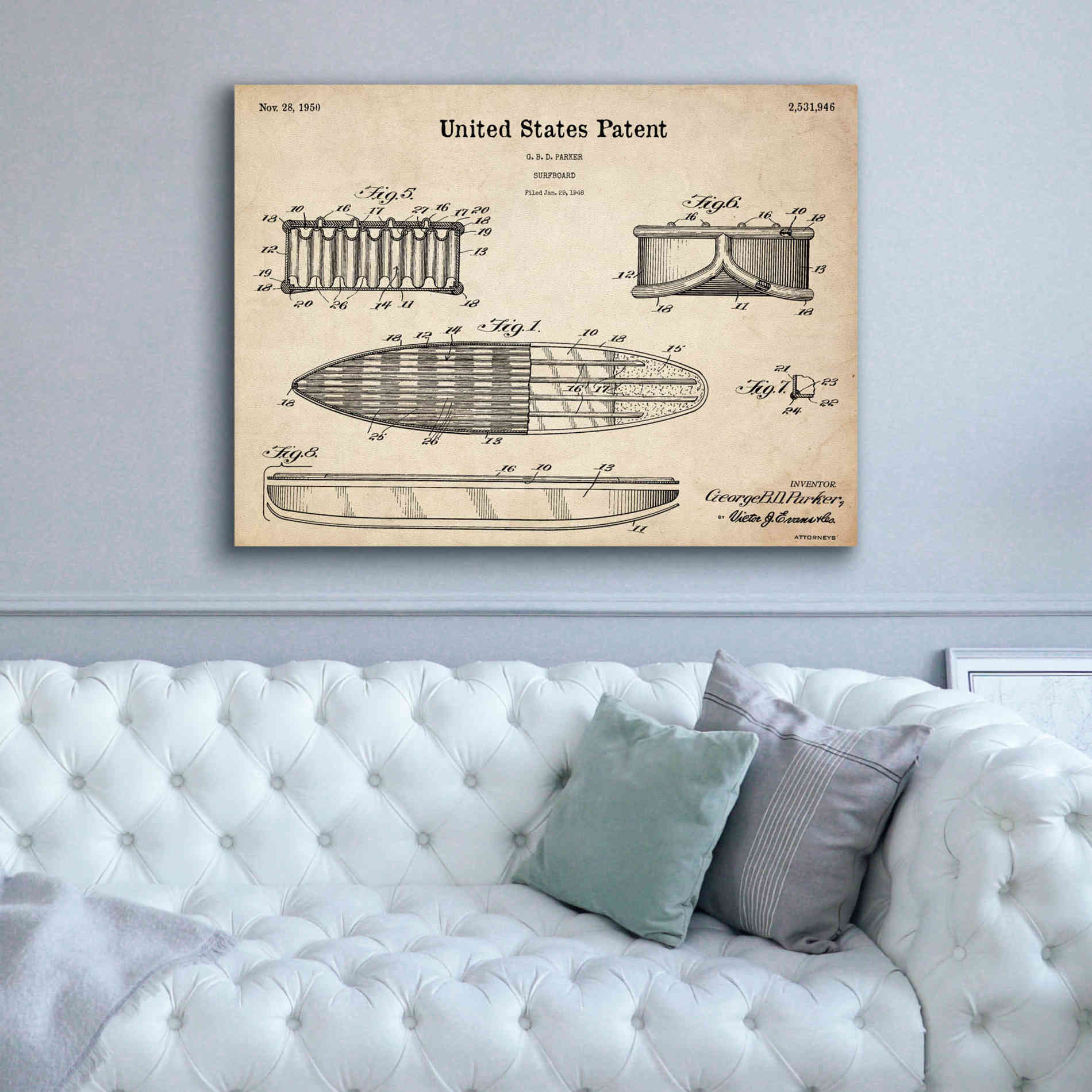 'Surfboard Blueprint Patent Parchment,' Canvas Wall Art,54 x 40