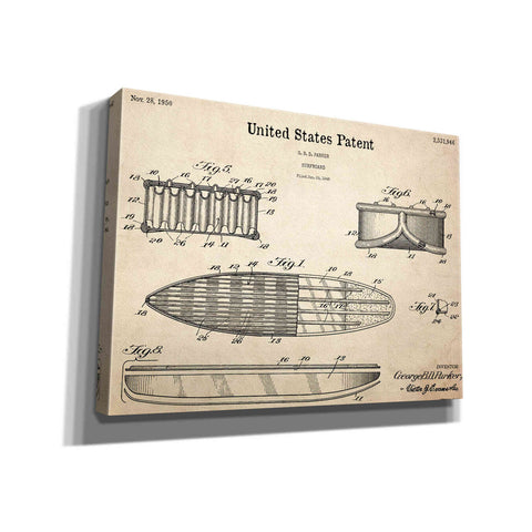 Image of 'Surfboard Blueprint Patent Parchment,' Canvas Wall Art,16x12x1.1x0,26x18x1.1x0,34x26x1.74x0,54x40x1.74x0