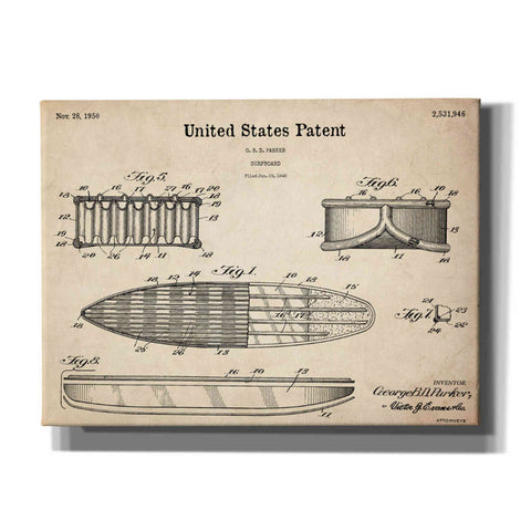 Image of 'Surfboard Blueprint Patent Parchment,' Canvas Wall Art,16x12x1.1x0,26x18x1.1x0,34x26x1.74x0,54x40x1.74x0