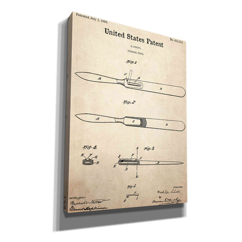 Image of 'Surgical Knife Blueprint Patent Parchment,' Canvas Wall Art,12x16x1.1x0,18x26x1.1x0,26x34x1.74x0,40x54x1.74x0