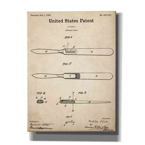 Image of 'Surgical Knife Blueprint Patent Parchment,' Canvas Wall Art,12x16x1.1x0,18x26x1.1x0,26x34x1.74x0,40x54x1.74x0