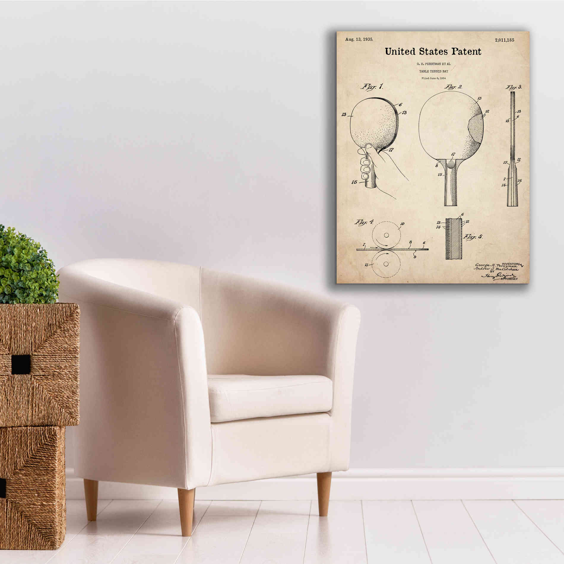 'Table Tennis Paddle  Blueprint Patent Parchment,' Canvas Wall Art,26 x 34
