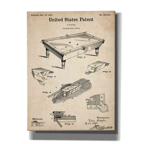 Image of 'Pool Table Blueprint Patent Parchment,' Canvas Wall Art,12x16x1.1x0,18x26x1.1x0,26x34x1.74x0,40x54x1.74x0