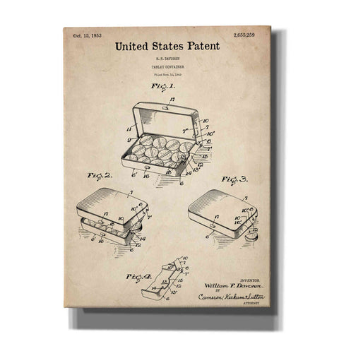 Image of 'Pharmacy Tablet Container Blueprint Patent Parchment,' Canvas Wall Art,12x16x1.1x0,18x26x1.1x0,26x34x1.74x0,40x54x1.74x0