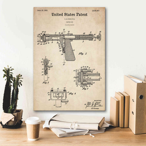 Image of 'Tattoo Gun Blueprint Patent Parchment,' Canvas Wall Art,18 x 26