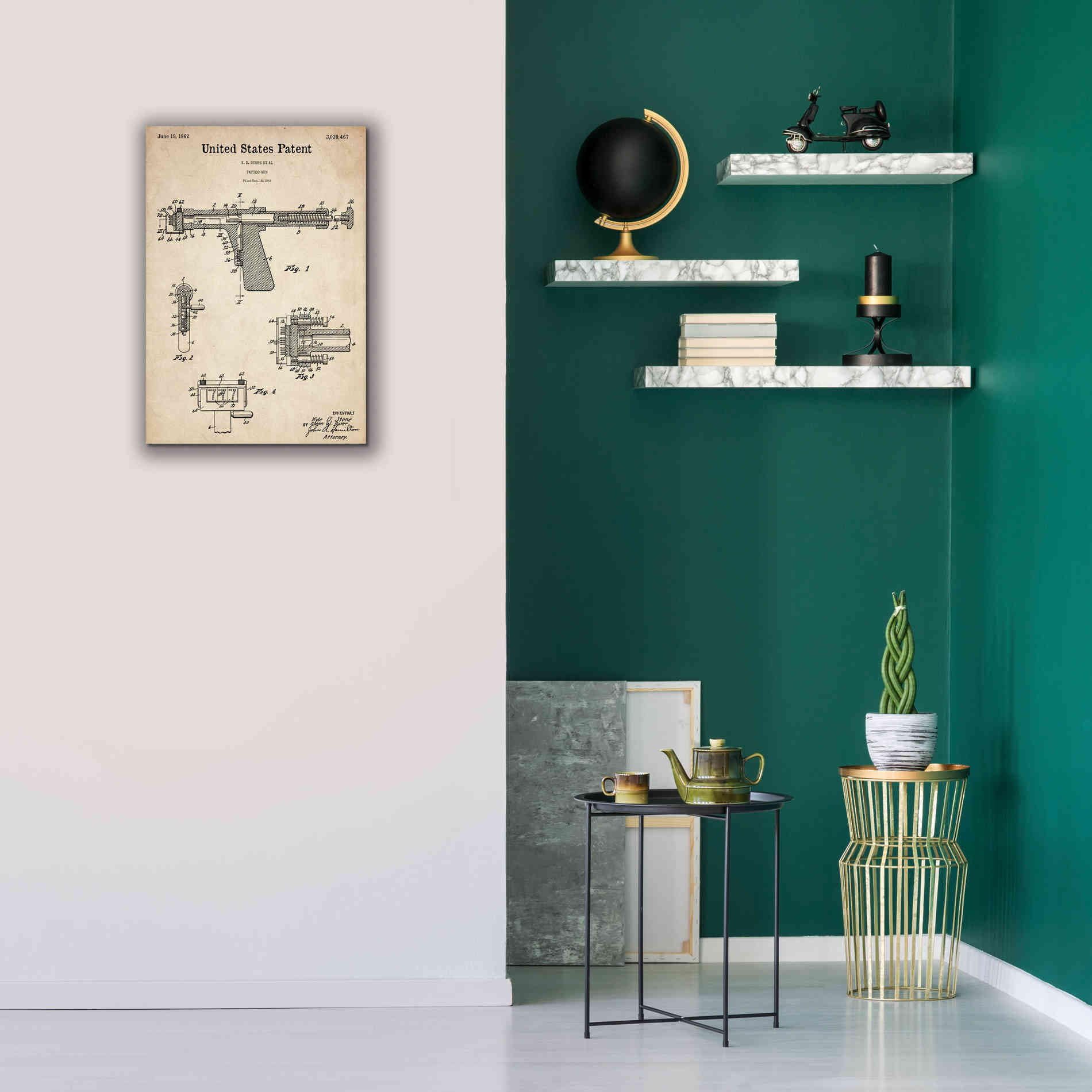 'Tattoo Gun Blueprint Patent Parchment,' Canvas Wall Art,18 x 26