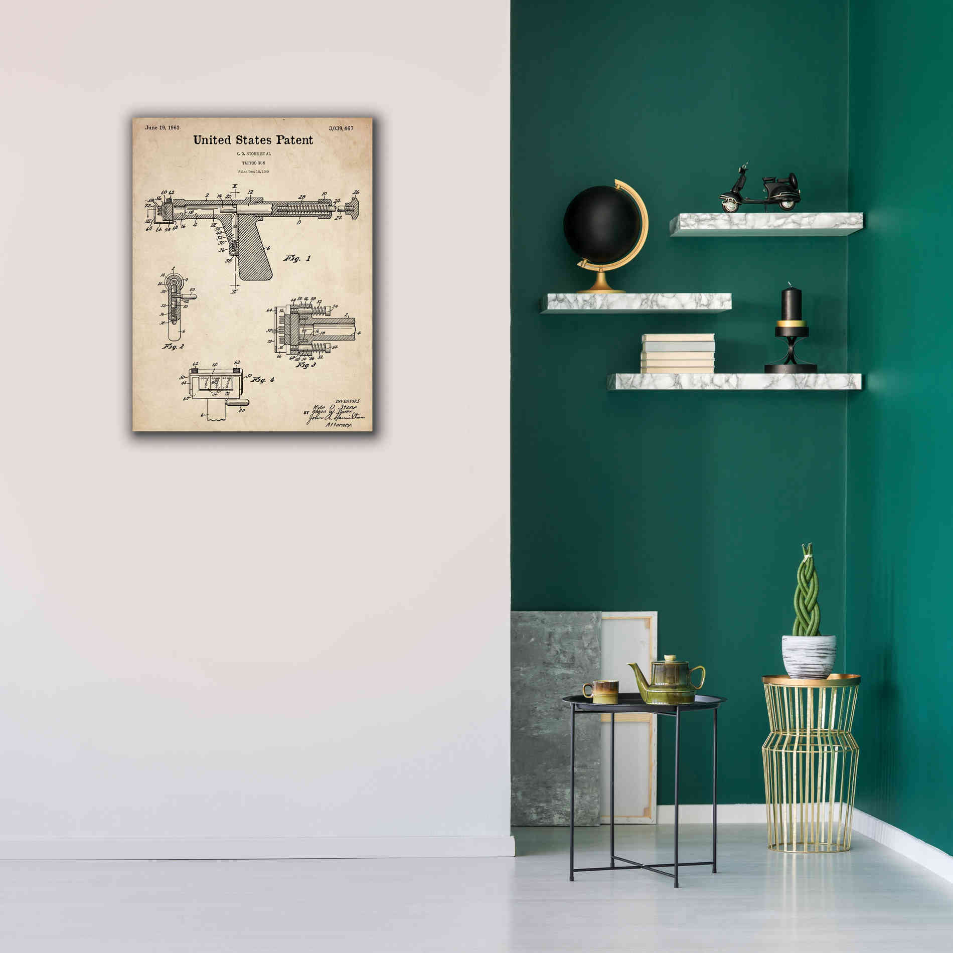 'Tattoo Gun Blueprint Patent Parchment,' Canvas Wall Art,26 x 34