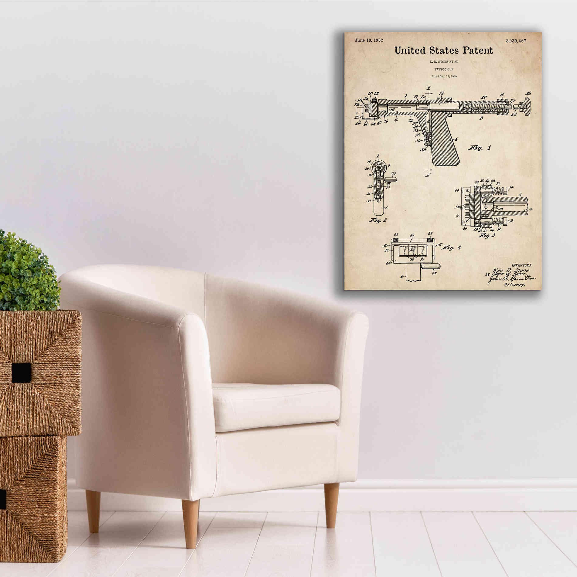 'Tattoo Gun Blueprint Patent Parchment,' Canvas Wall Art,26 x 34