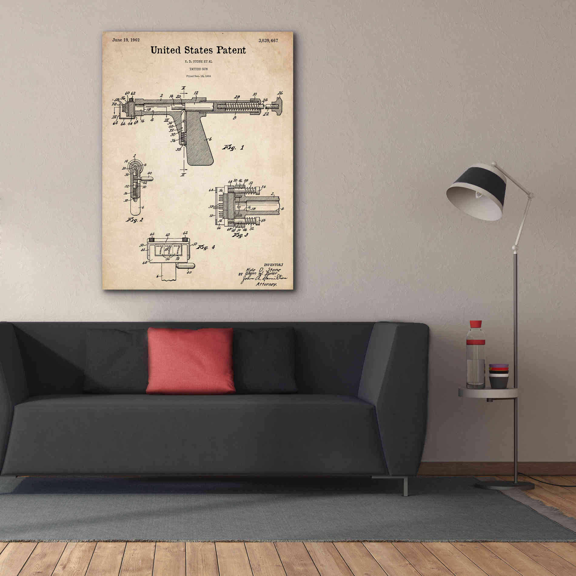 'Tattoo Gun Blueprint Patent Parchment,' Canvas Wall Art,40 x 54