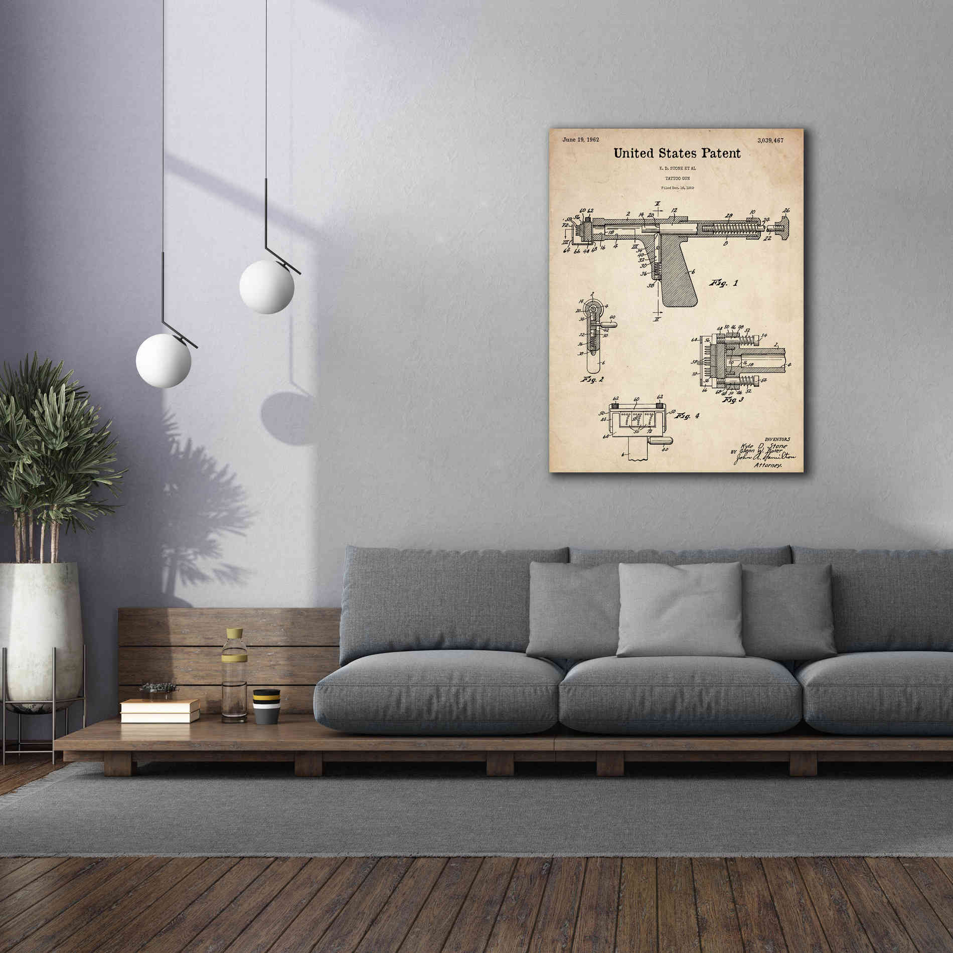 'Tattoo Gun Blueprint Patent Parchment,' Canvas Wall Art,40 x 54