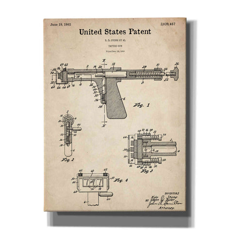 Image of 'Tattoo Gun Blueprint Patent Parchment,' Canvas Wall Art,12x16x1.1x0,18x26x1.1x0,26x34x1.74x0,40x54x1.74x0