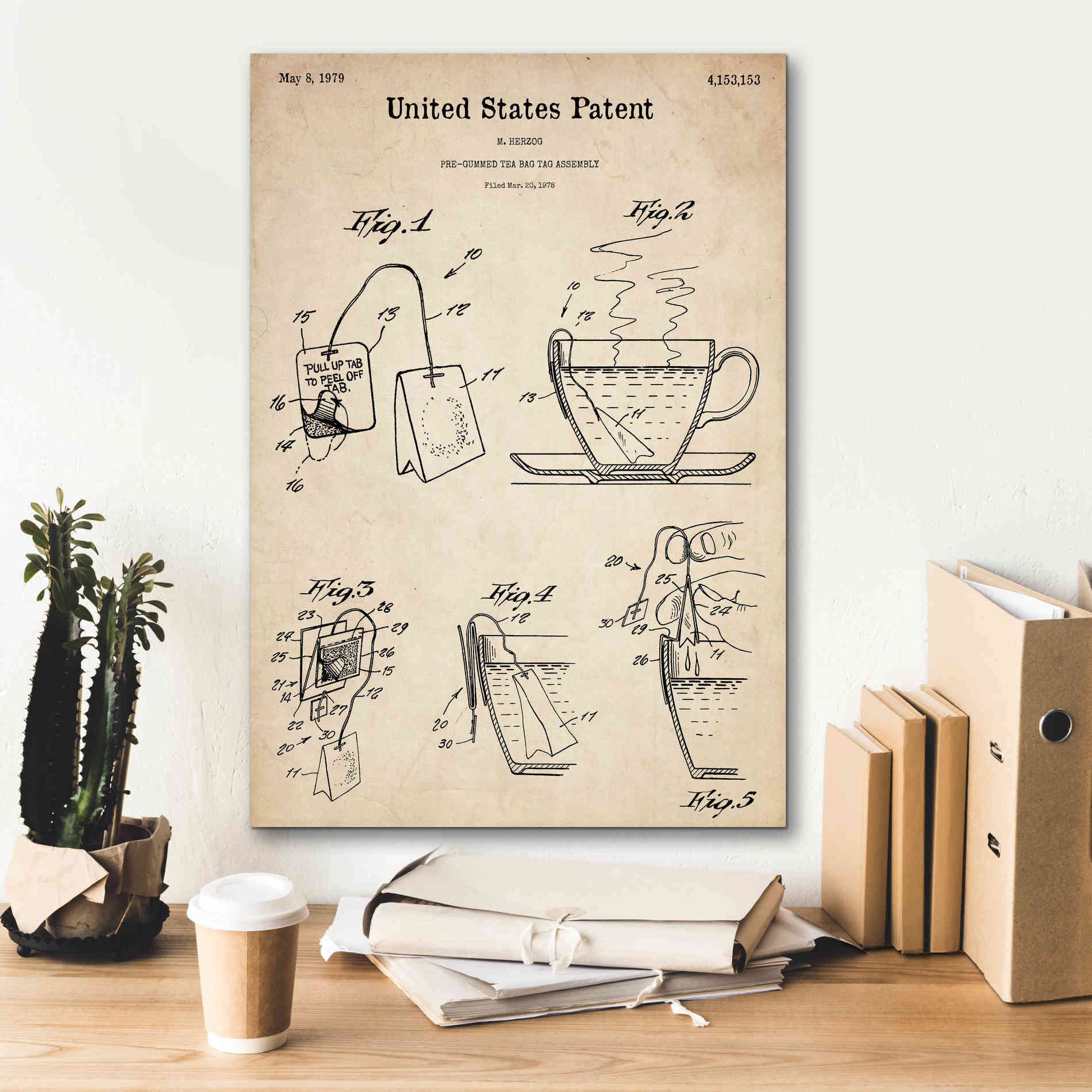 'Tea Bag Blueprint Patent Parchment,' Canvas Wall Art,18 x 26