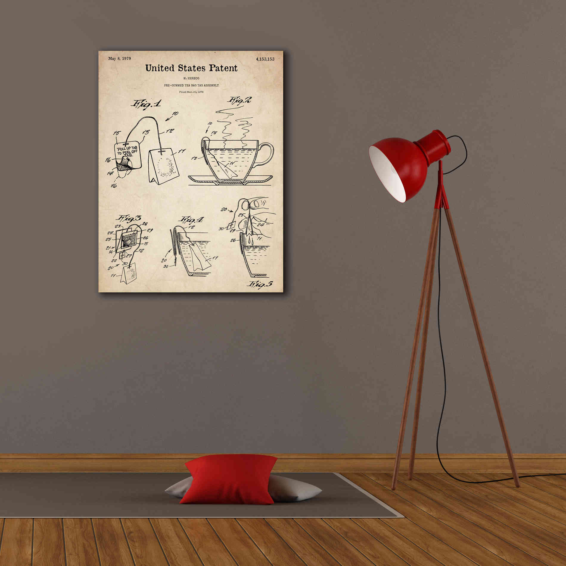 'Tea Bag Blueprint Patent Parchment,' Canvas Wall Art,26 x 34