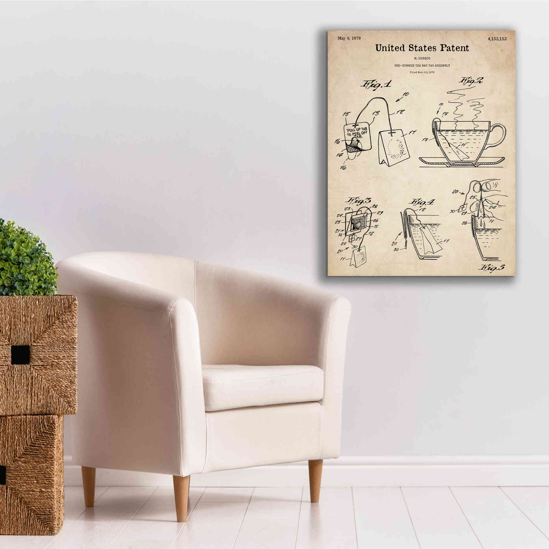 'Tea Bag Blueprint Patent Parchment,' Canvas Wall Art,26 x 34