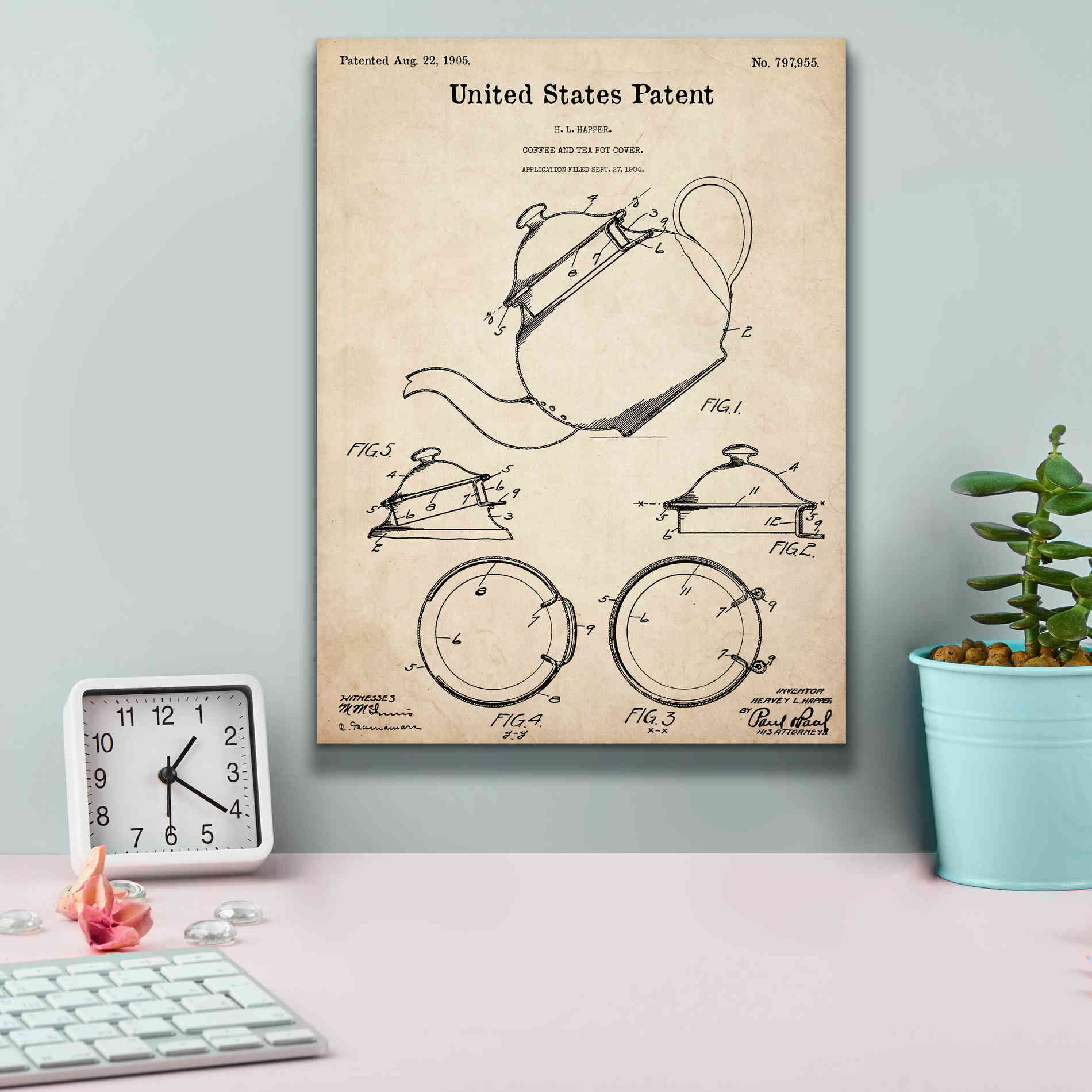 'Tea Pot Cover Blueprint Patent Parchment,' Canvas Wall Art,12 x 16