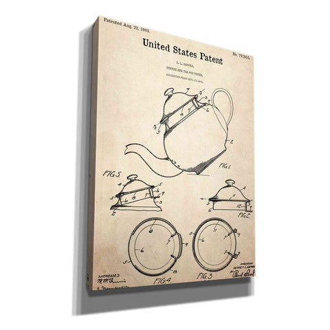 Image of 'Tea Pot Cover Blueprint Patent Parchment,' Canvas Wall Art,12x16x1.1x0,18x26x1.1x0,26x34x1.74x0,40x54x1.74x0