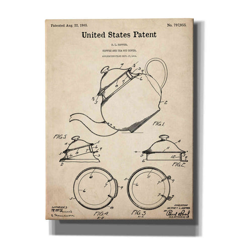 Image of 'Tea Pot Cover Blueprint Patent Parchment,' Canvas Wall Art,12x16x1.1x0,18x26x1.1x0,26x34x1.74x0,40x54x1.74x0