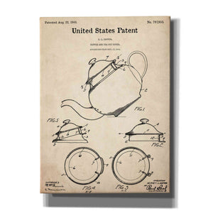 'Tea Pot Cover Blueprint Patent Parchment,' Canvas Wall Art,12x16x1.1x0,18x26x1.1x0,26x34x1.74x0,40x54x1.74x0