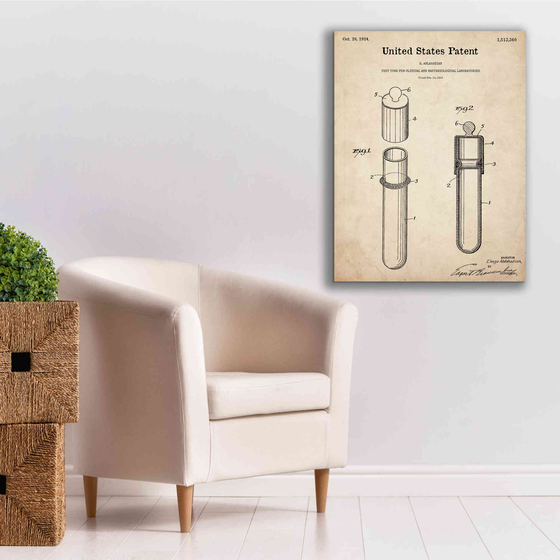 'Test Tube Blueprint Patent Parchment,' Canvas Wall Art,26 x 34