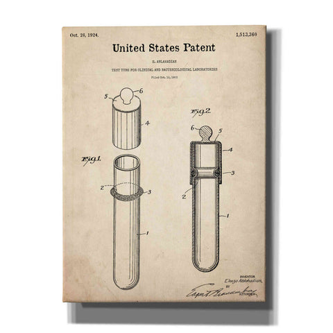 Image of 'Test Tube Blueprint Patent Parchment,' Canvas Wall Art,12x16x1.1x0,18x26x1.1x0,26x34x1.74x0,40x54x1.74x0