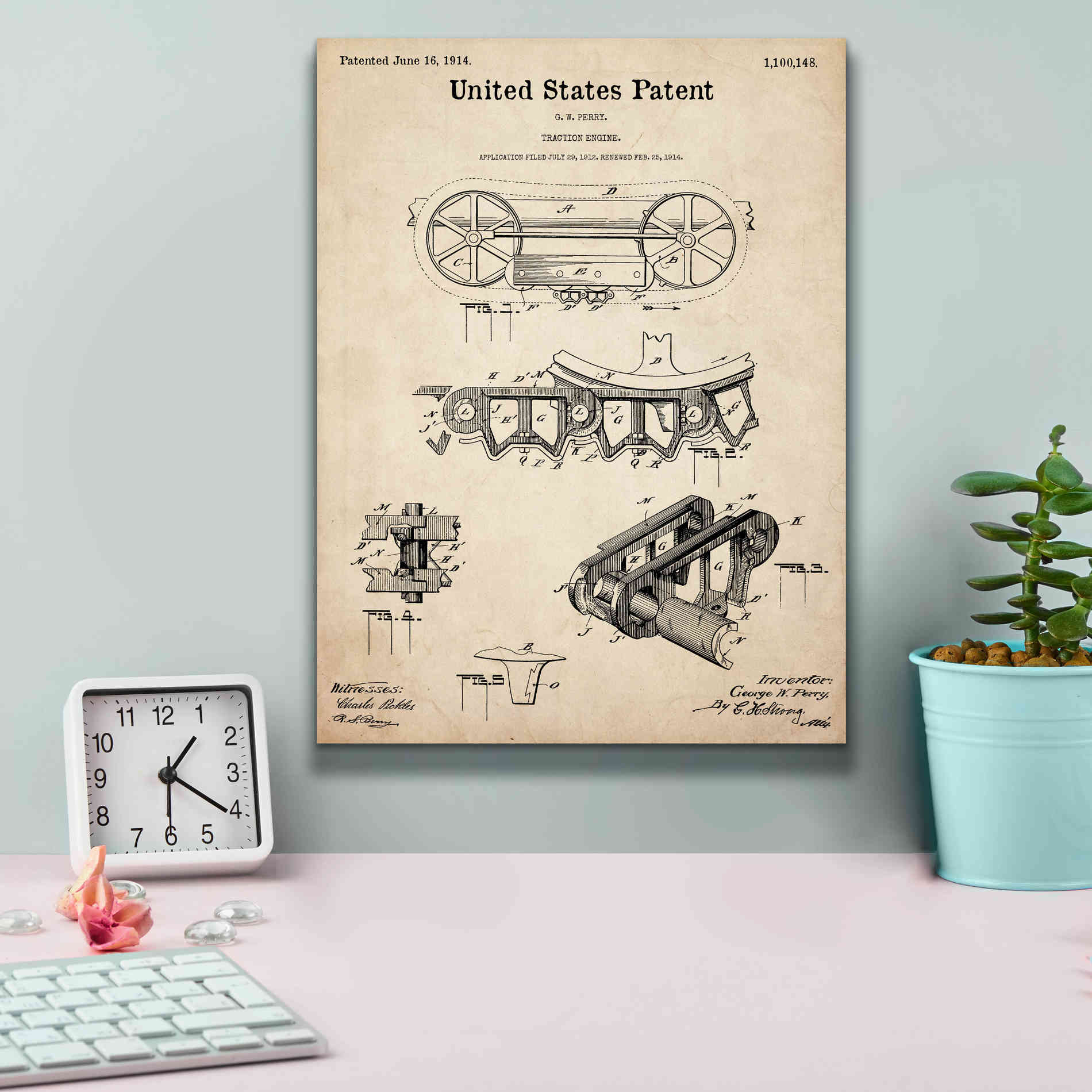 'Traction Engine Blueprint Patent Parchment,' Canvas Wall Art,12 x 16