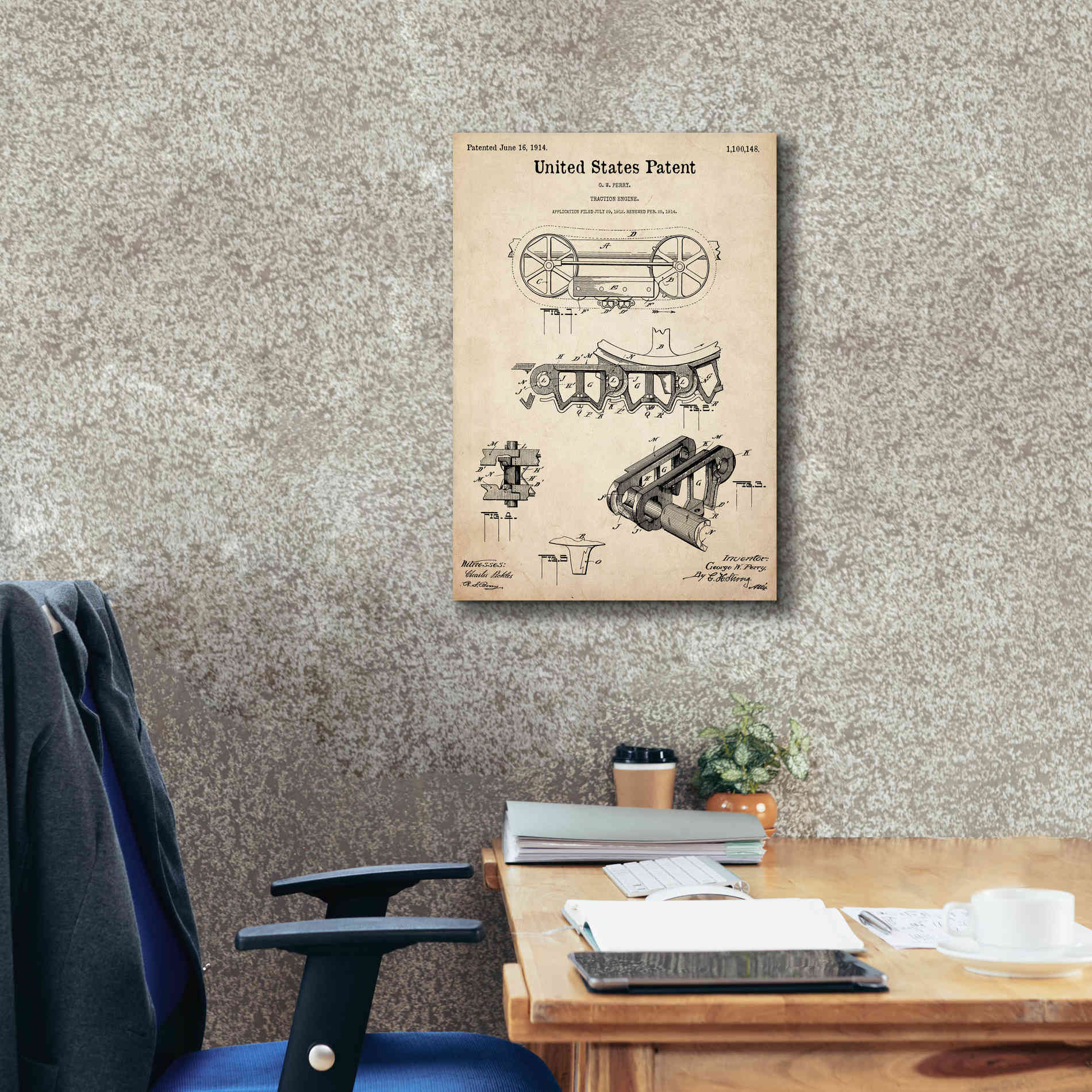 'Traction Engine Blueprint Patent Parchment,' Canvas Wall Art,18 x 26