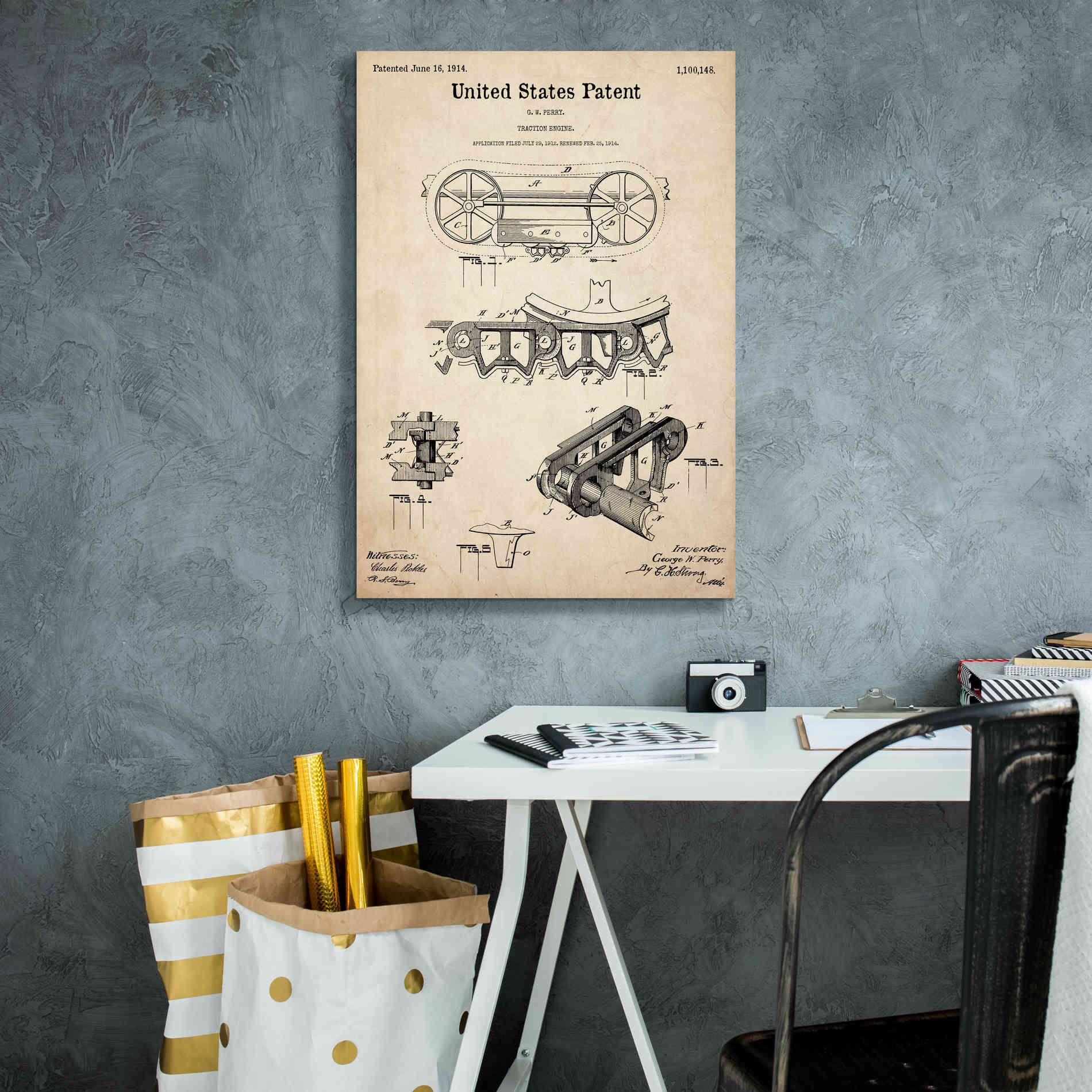 'Traction Engine Blueprint Patent Parchment,' Canvas Wall Art,18 x 26