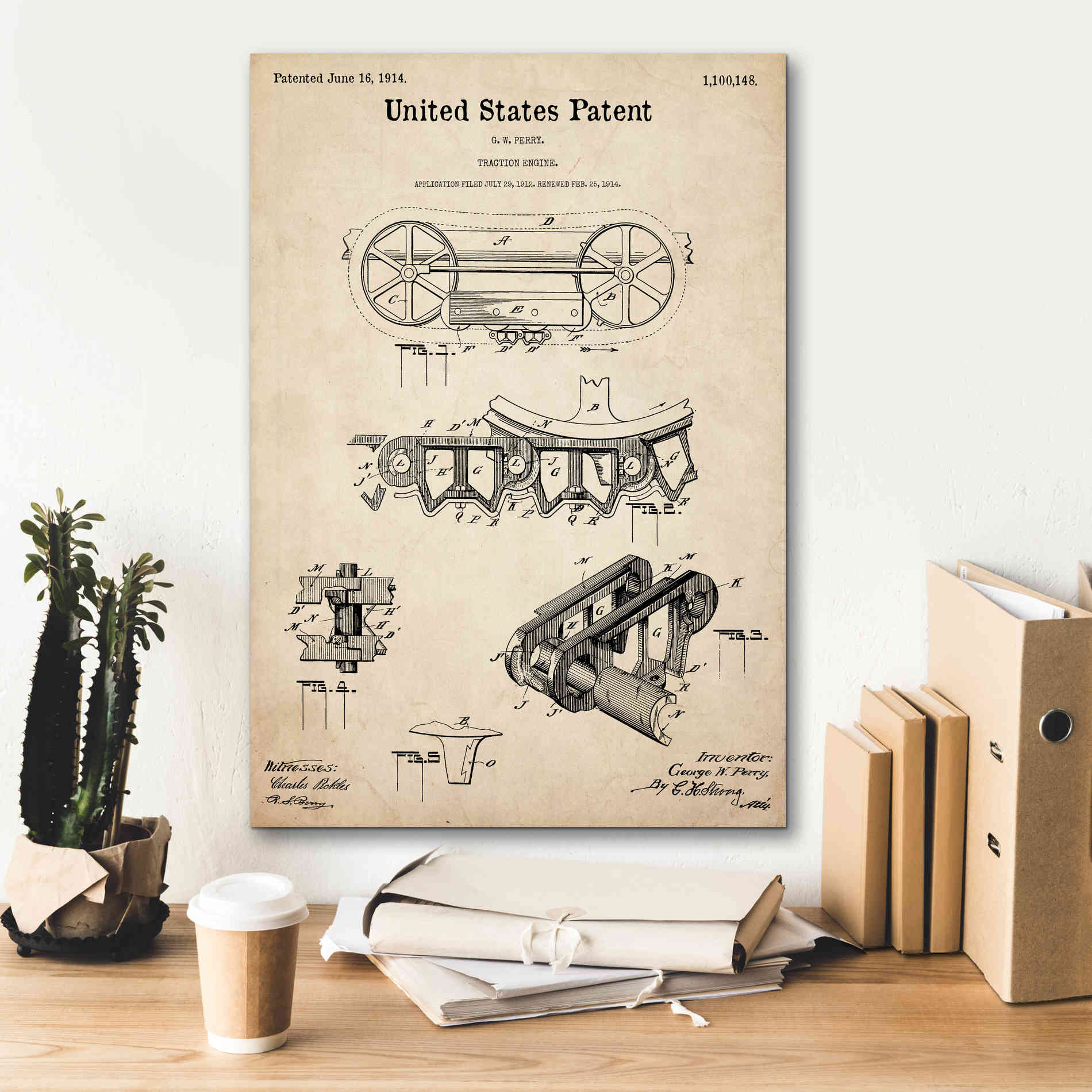 'Traction Engine Blueprint Patent Parchment,' Canvas Wall Art,18 x 26