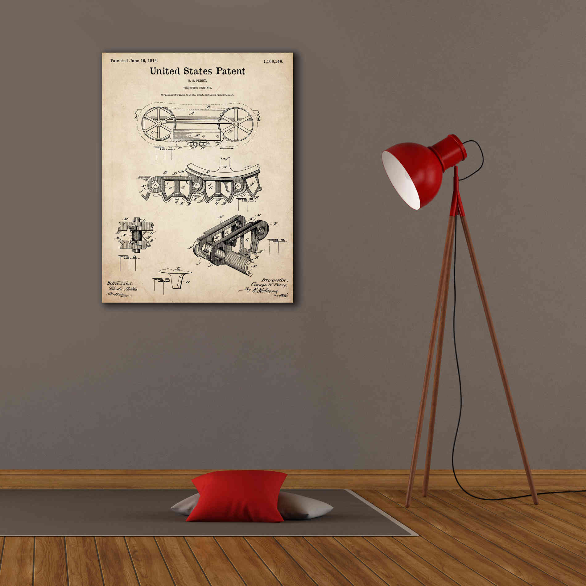 'Traction Engine Blueprint Patent Parchment,' Canvas Wall Art,26 x 34