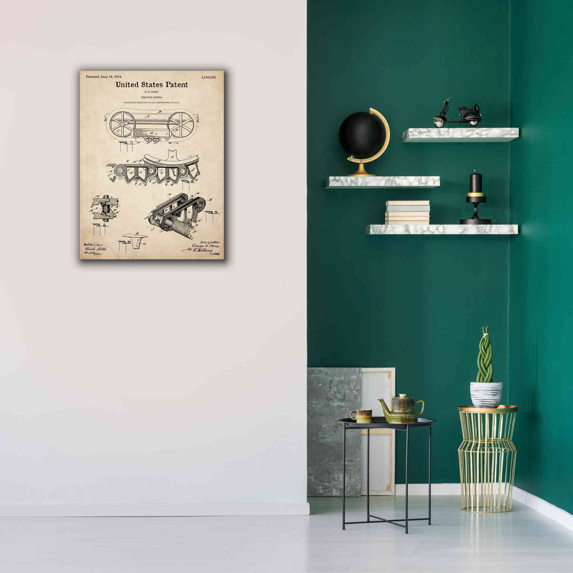 'Traction Engine Blueprint Patent Parchment,' Canvas Wall Art,26 x 34