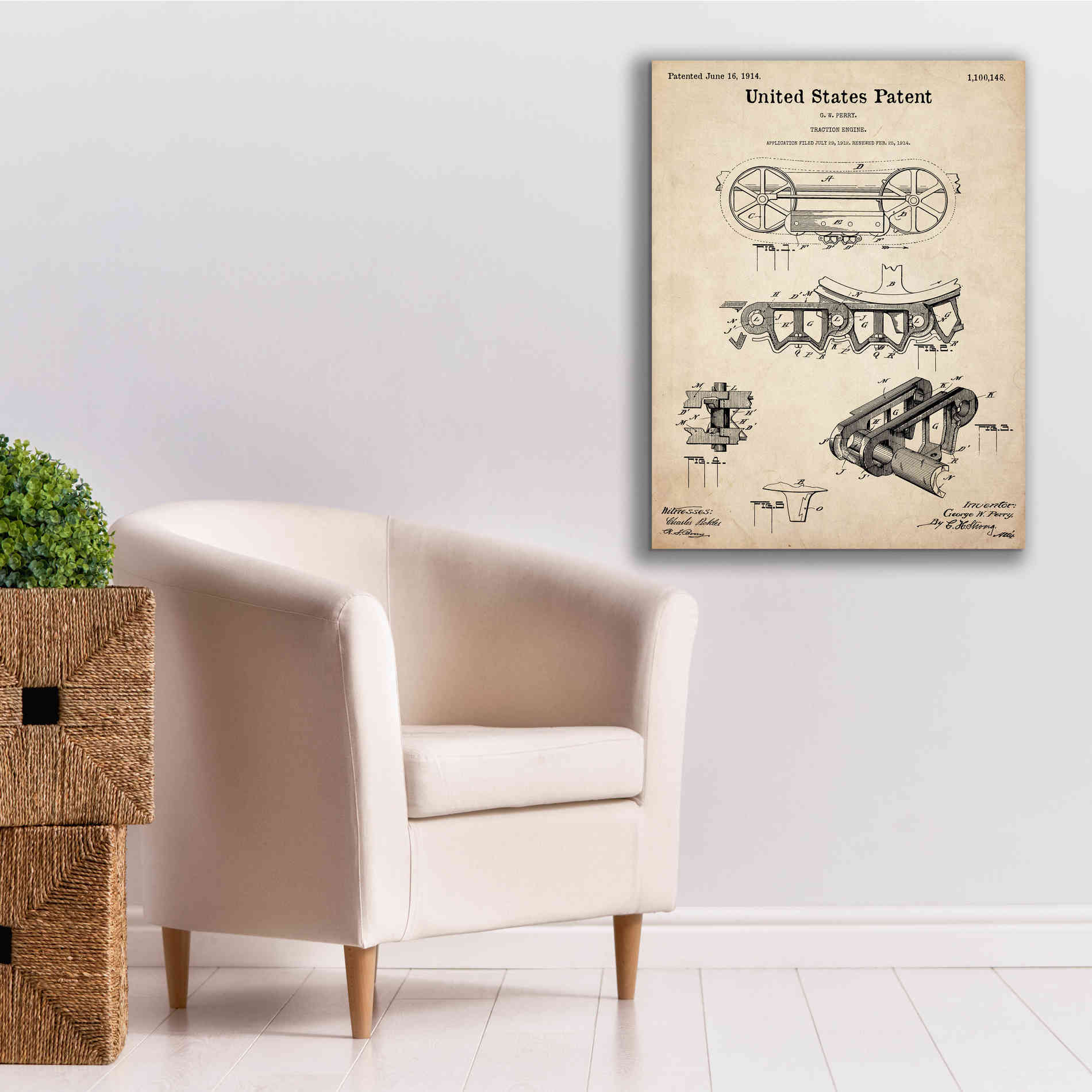 'Traction Engine Blueprint Patent Parchment,' Canvas Wall Art,26 x 34