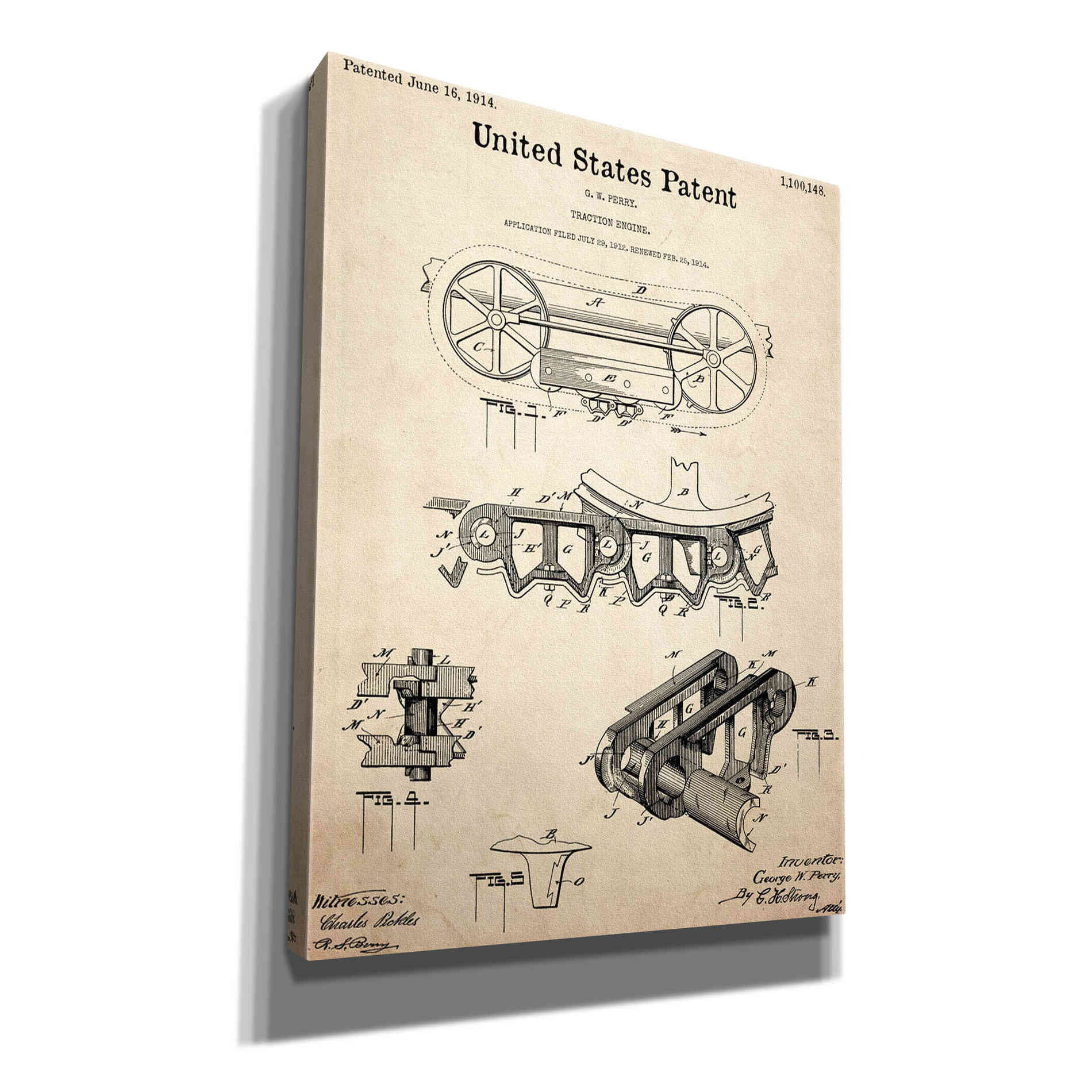 'Traction Engine Blueprint Patent Parchment,' Canvas Wall Art,12x16x1.1x0,18x26x1.1x0,26x34x1.74x0,40x54x1.74x0