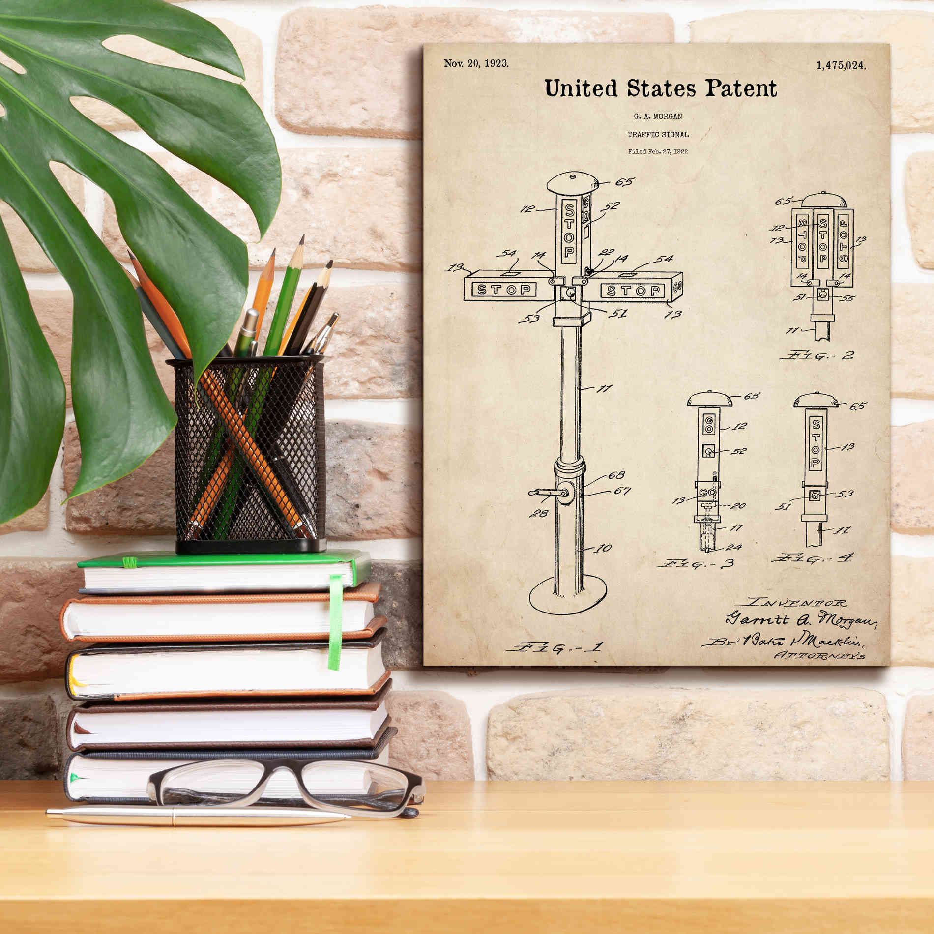 'Vintage Traffic Signal  Blueprint Patent Parchment,' Canvas Wall Art,12 x 16