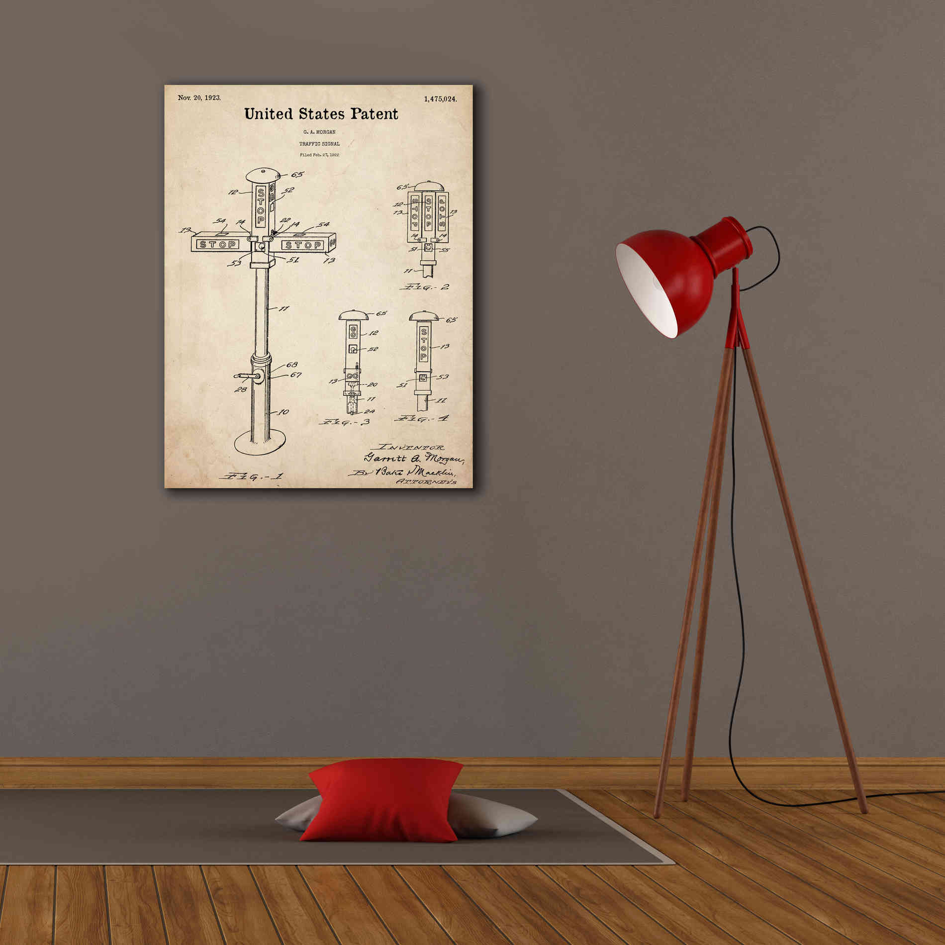 'Vintage Traffic Signal  Blueprint Patent Parchment,' Canvas Wall Art,26 x 34