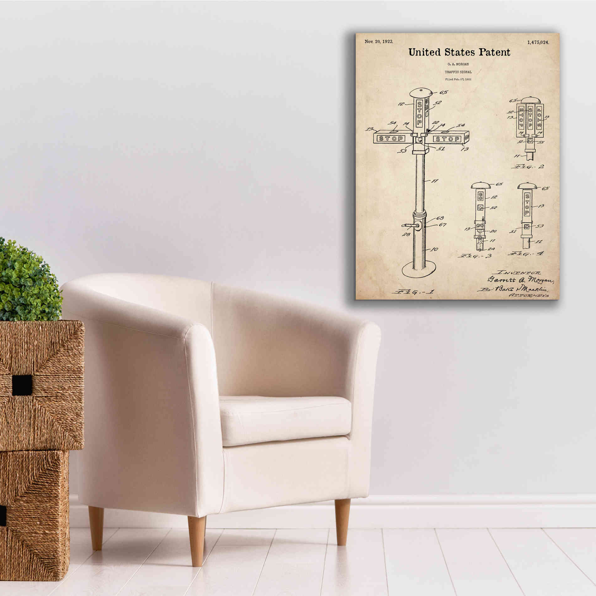 'Vintage Traffic Signal  Blueprint Patent Parchment,' Canvas Wall Art,26 x 34